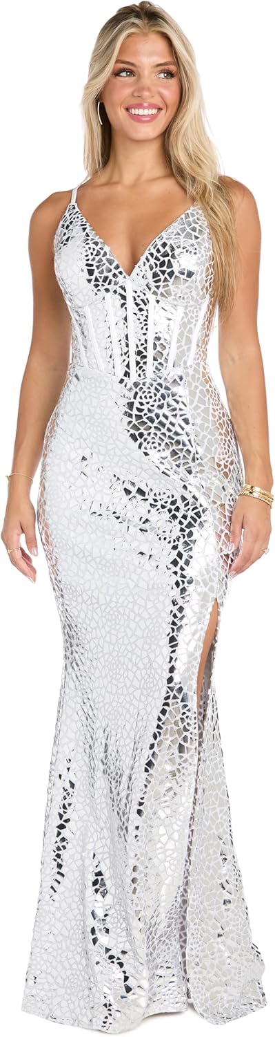 Long Stretch Knit Mirror Dress W/Corset Waistline & Strappy Lace Up Back - Image 4