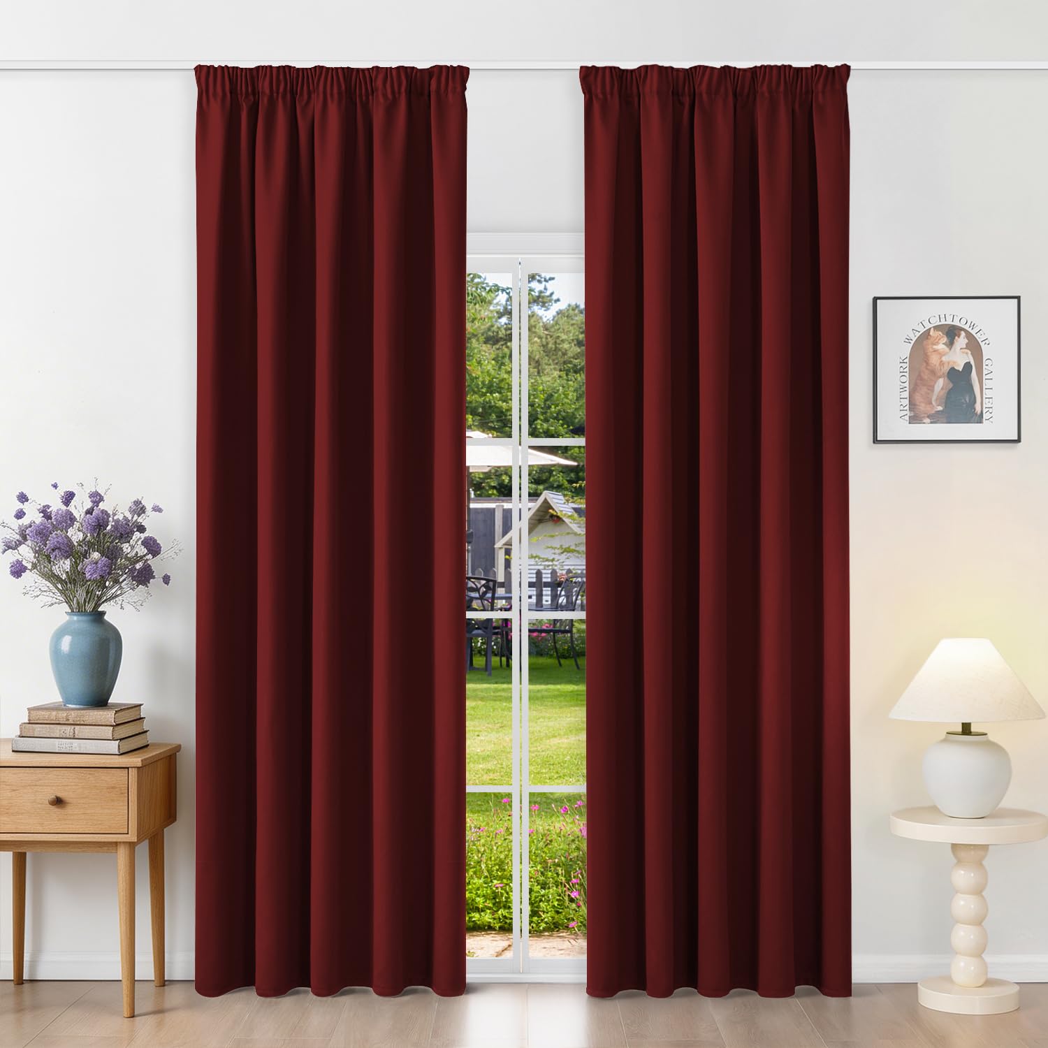 Runyéla Pencil Pleat Blackout Curtains for Bedroom Thermal Curtain 66 x 90 Inch Drop Living Room Kitchen 2 Panels Burgundy Red