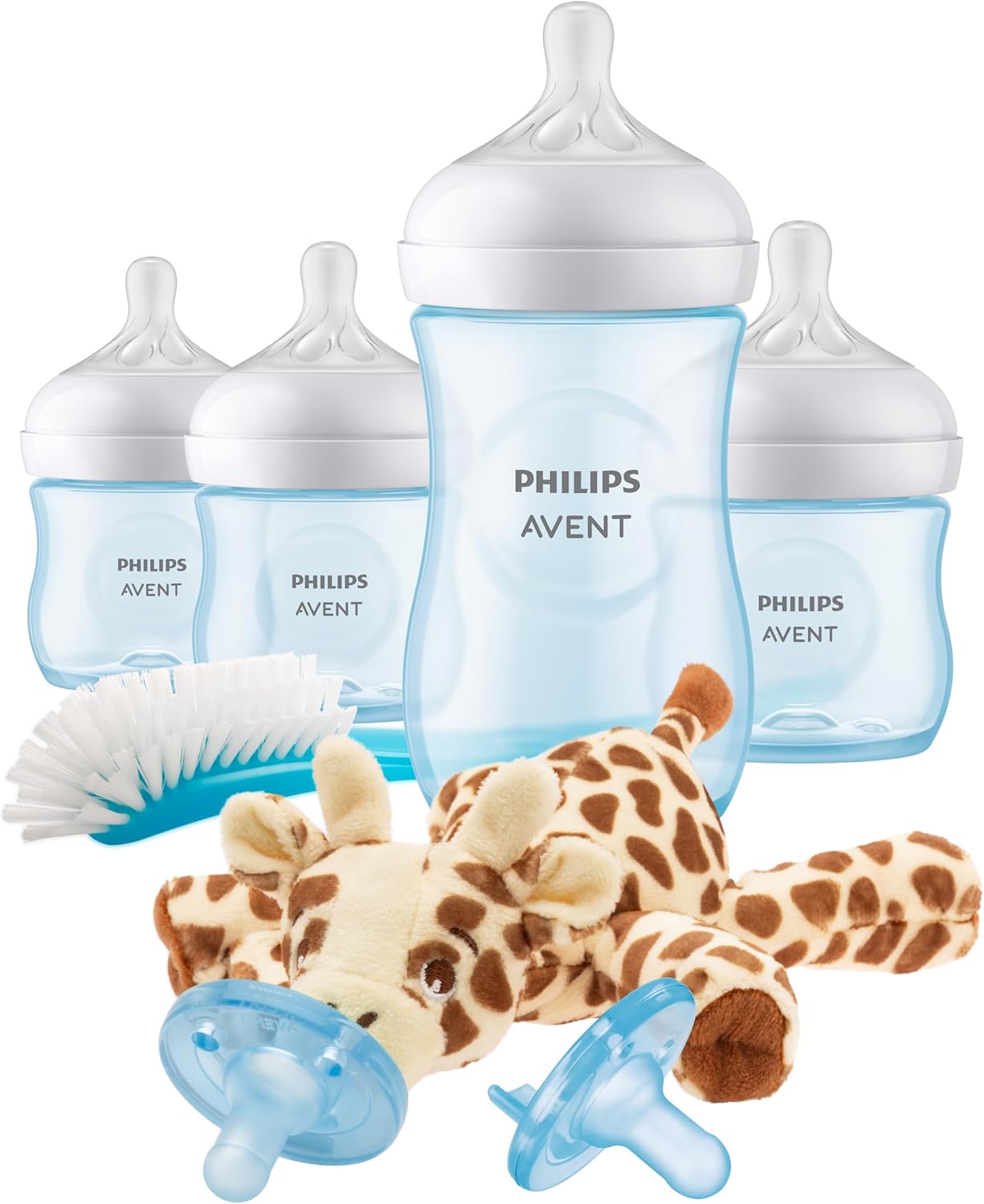 Philips Avent Natural Response Baby Gift Set - 3x 4oz Blue Bottles with Slow Flow Nipples (Flow 2), 1x 9oz Blue Bottle with Medium Flow Nipple (Flow 3), 2x Soothie Pacifiers 0-3m, SCD838/04