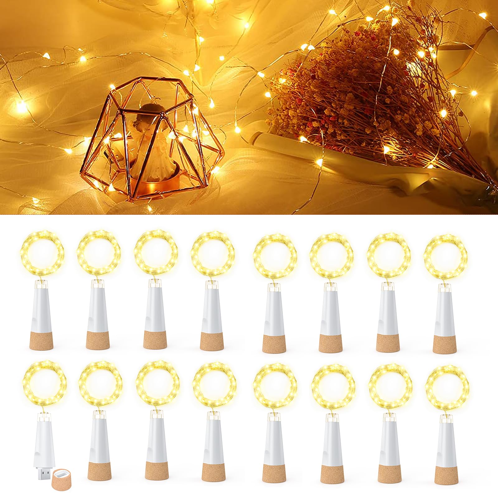 Luces de botella, 20 luces LED de hadas que funcionan con pilas, recargables por USB, luz de botella mejorada 2024 con corcho para decoraciones de Navidad (blanco cálido, paquete de 16)
