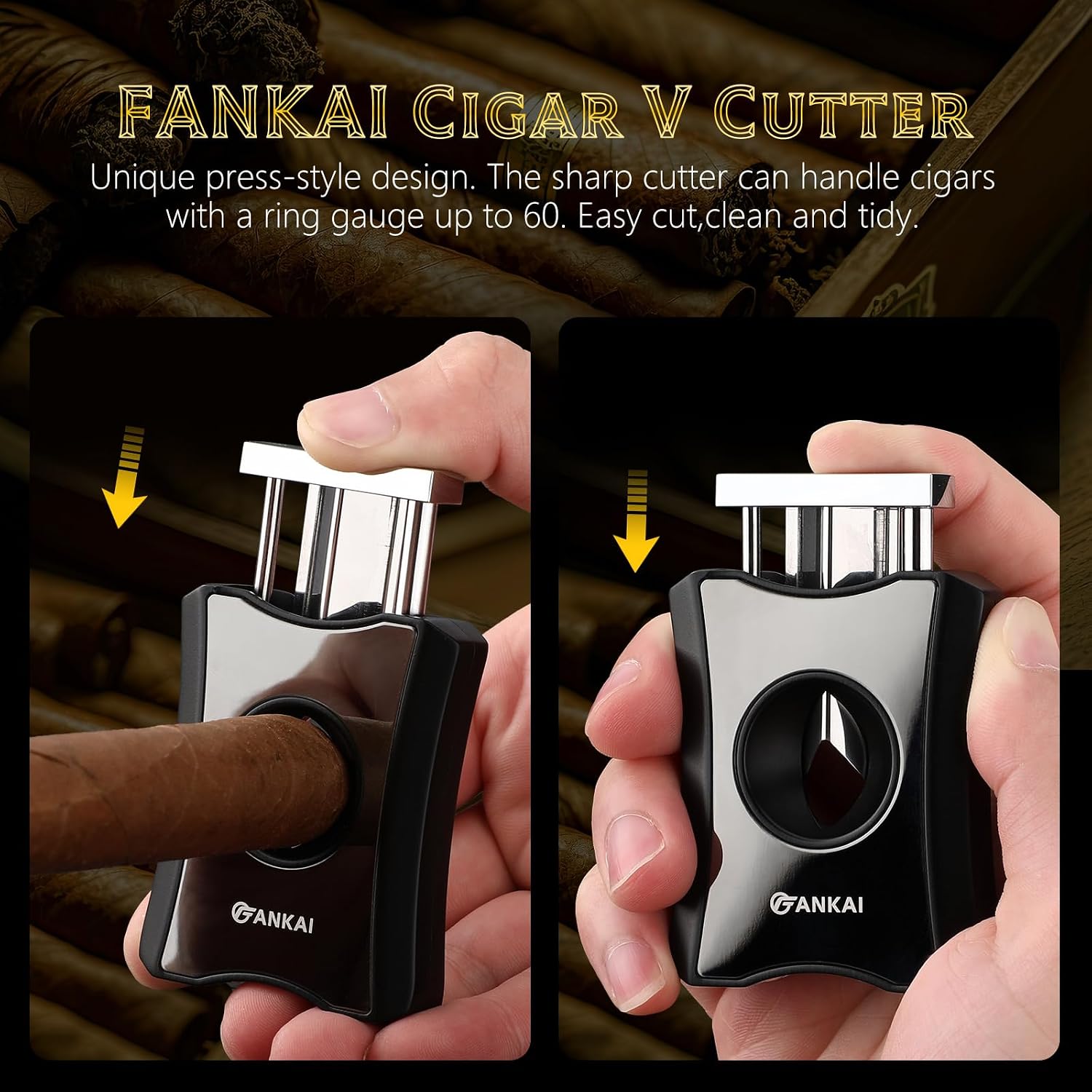 Cigar Cutter,Stainless Steel V Cut with Cigar Punch,Cigar Stand, Sharp Blade Guillotine Up to 60 Gauge Push-Type Cigar V Cutter with Gift Box