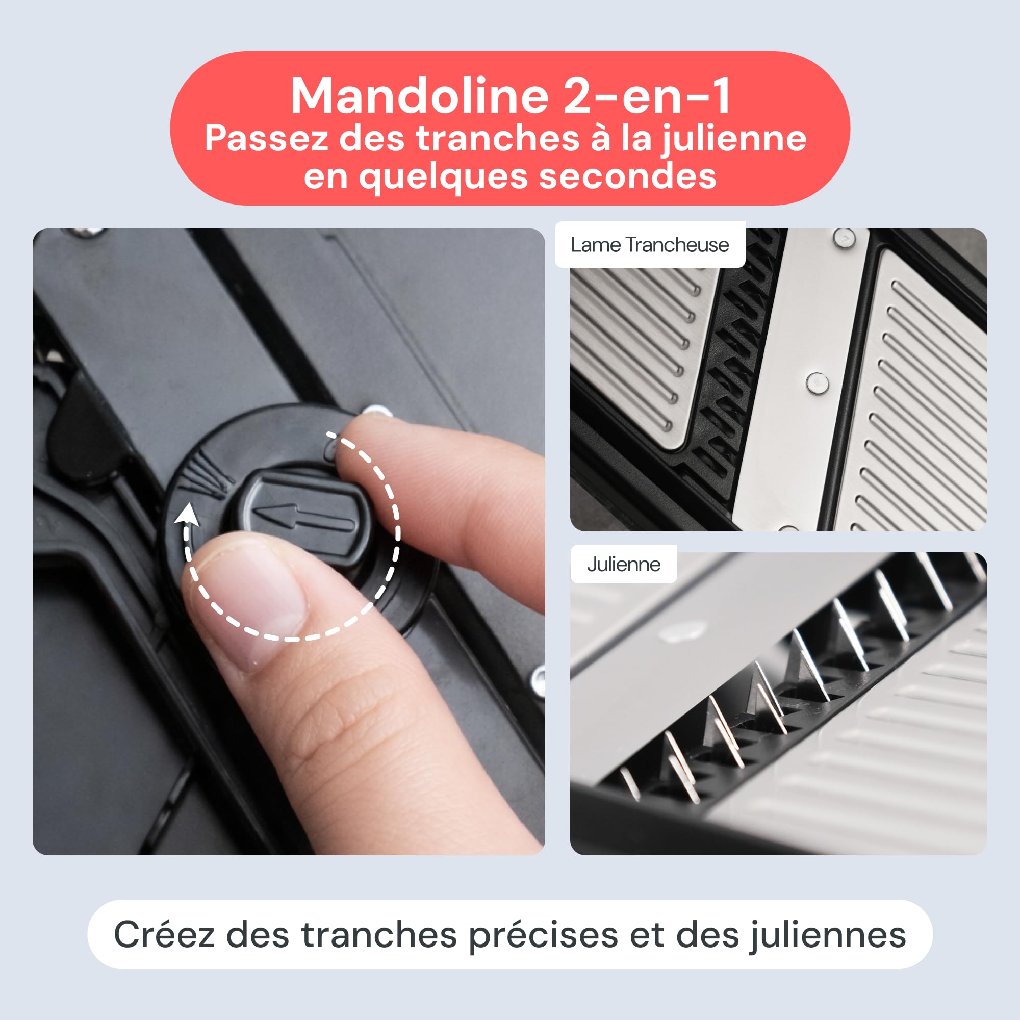 Fullstar Mandoline Cuisine Inox 2-en-1 - Épaisseur Réglable 1-4 mm - Mandoline Multifonctions avec Lame Julienne pour Pommes de Terre, Fruits, Légumes & Fromage - Mandoline Cuisine Professionnelle