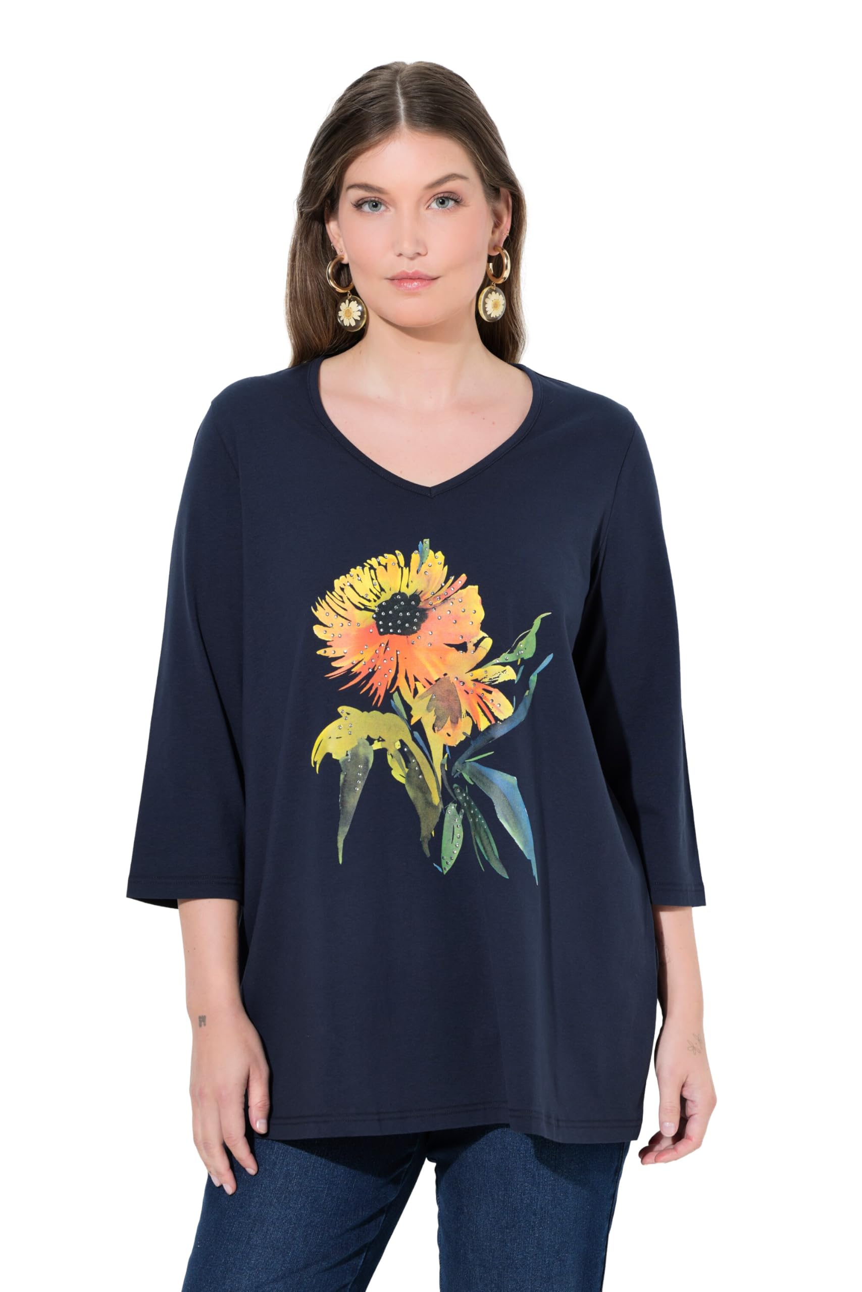 Ulla Popken Damen große Größen Übergrößen Plus Size Shirt, Sonnenblume, A-Linie, V-Ausschnitt, 3/4-Arm 845452