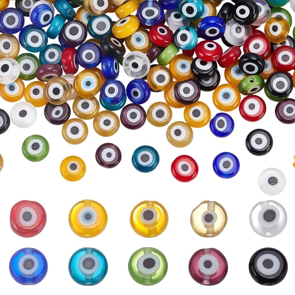 CRAFTYMELODY 200Pcs 10 Color Evil Eye Lampwork Beads 6mm Flat Round Coin Disc Spacer Beads Good Luck Turkish Greek Amulet Loose Beads Pendant for Jewelry Making Bracelets Necklace Home Protection