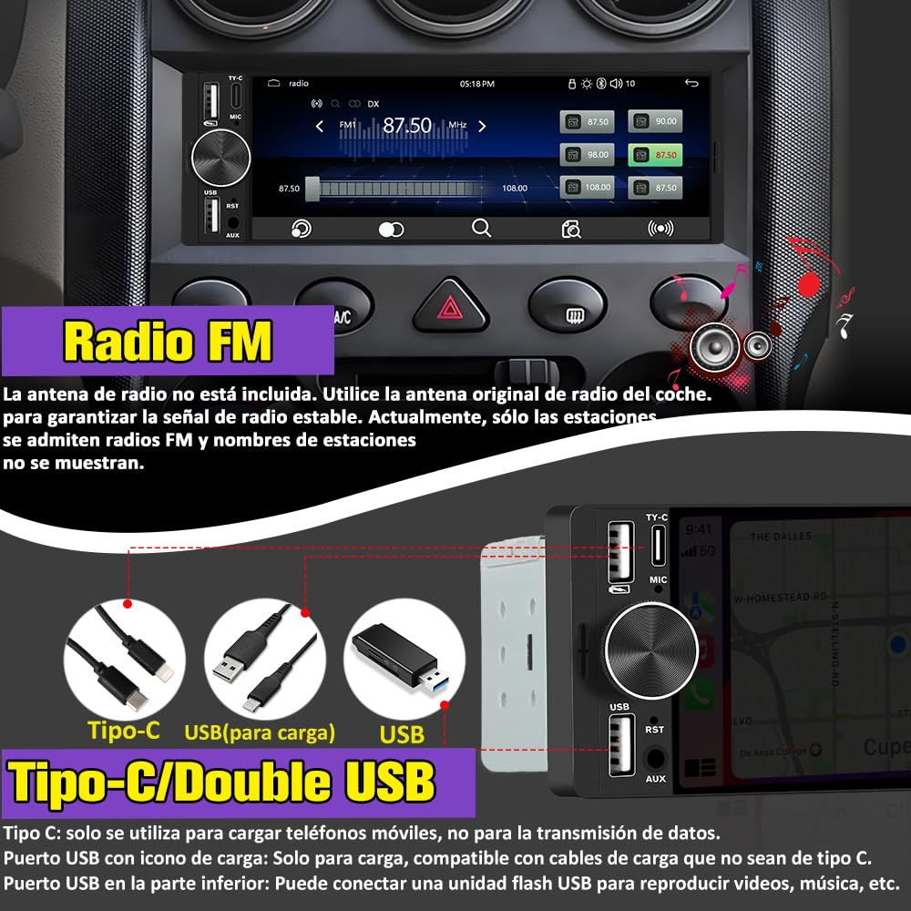 AWESAFE Radio de Coche 1 DIN Universal con Carplay y Android Auto Inalámbrico, Autoradio 1 DIN con Pantalla Táctil de 6.36 Pulgadas y Cámara Trasera, Soporta Bluetooth/Mandos Volante/FM/Double USB