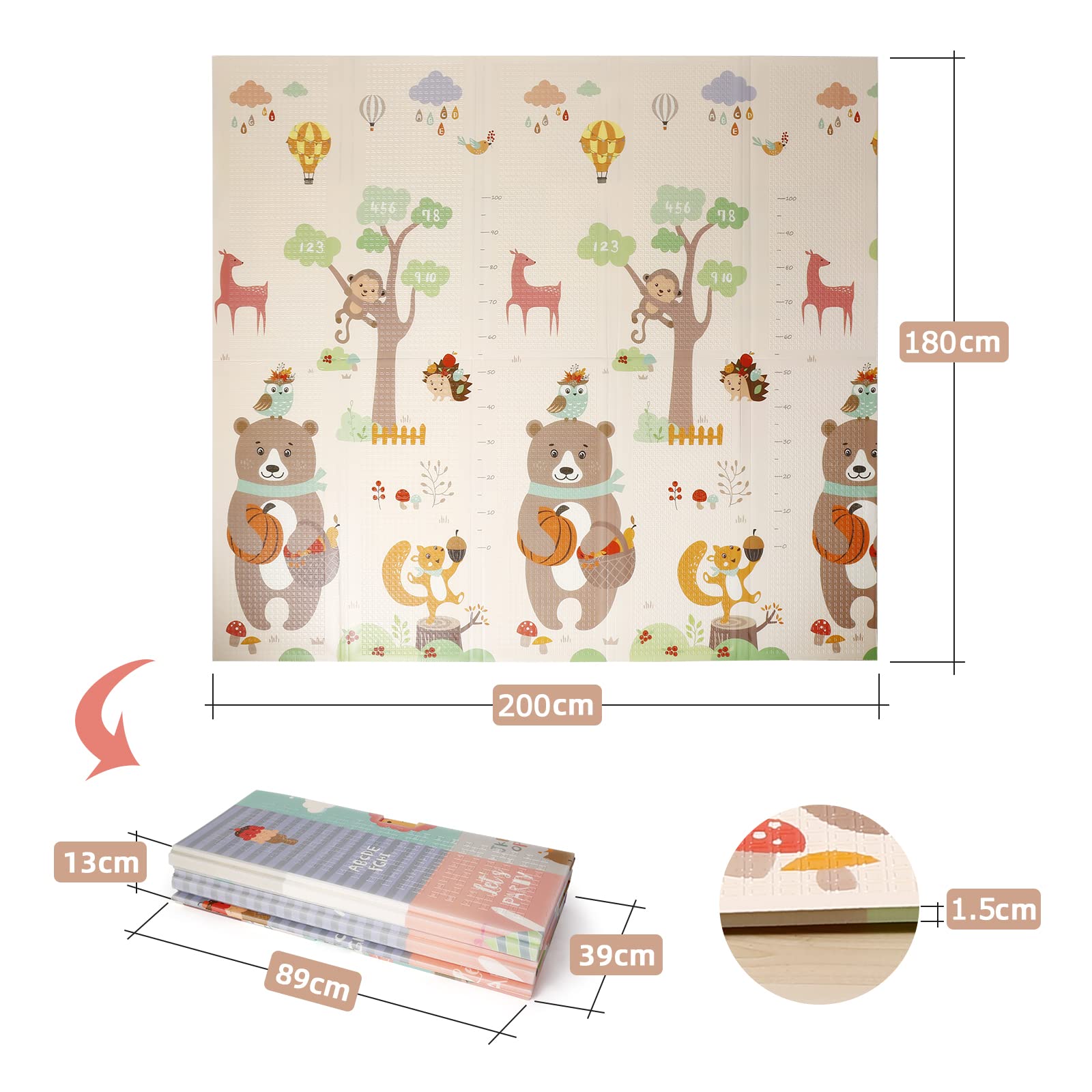 K IKIDO Tapis d'éveil pliable pour bébé, tapis de mousse, tapis de jeu pour bébé, 200 × 180 × 1,5 cm, intérieur et extérieur, double face, imperméable et antidérapant