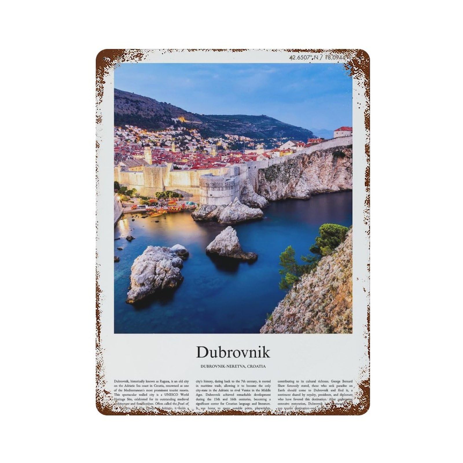xiaoxiaoshen Dubrovnik Dubrovnik-neretva, Croatia City Scenery Wall Decor Art Metal Tin Poster Modern Home Decor Art Home Bar Shop Decorations Vintage Sign 40x30cm