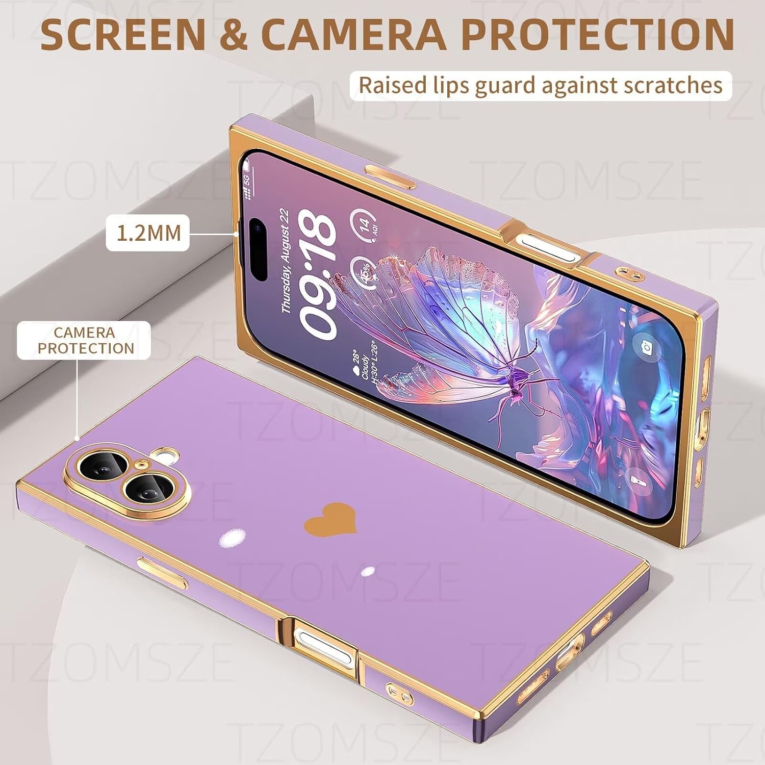 Tzomsze Compatible with iPhone 17 Case,Camera Protection Cute Heart Pattern & Electroplate Reinforced Corners Shockproof Edge Bumper Case for Women Girls 6.3 Inch-Light Purple