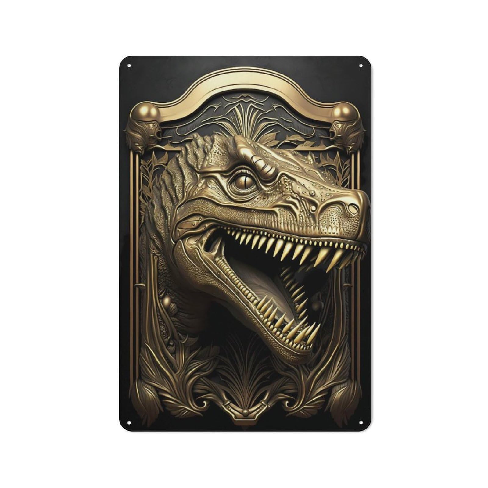 Junmoney Style-15 Smart Office Metal Sign 30X20cm Featuring Golden T Rex Dinosaur Art, Study Room Decor For Workspace, Cafe, Shop Or Desk Area