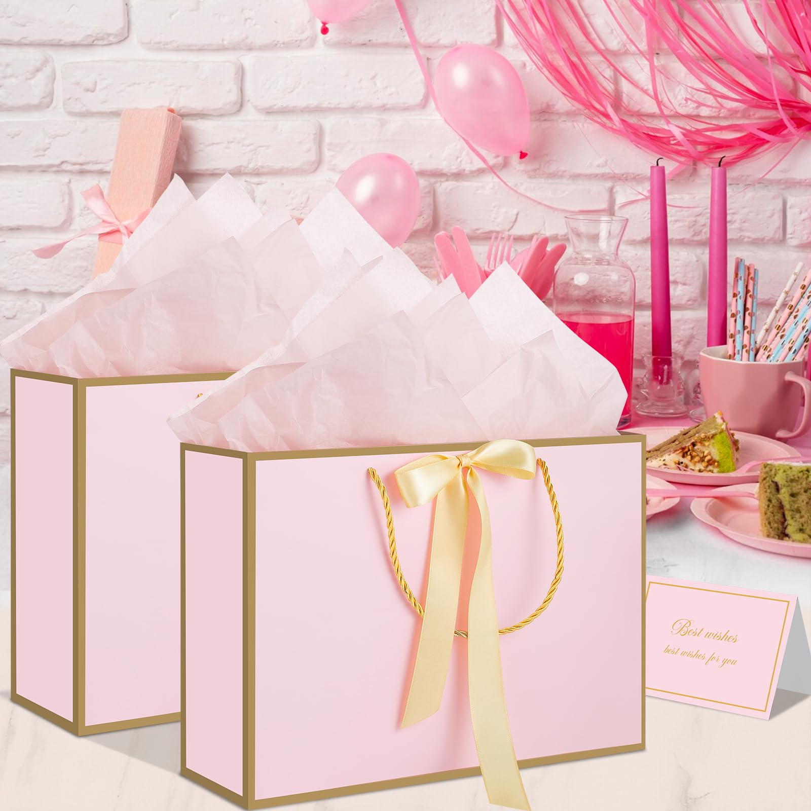 woric Pink Gift Bags with Handles, 14" Medium Gift Bags with Tissue Paper, 2 Pcs Pink Bags with 4 Tissue Paper and 2 Cards for Baby Shower Wedding Bridal Shower Graduation Birthday Party