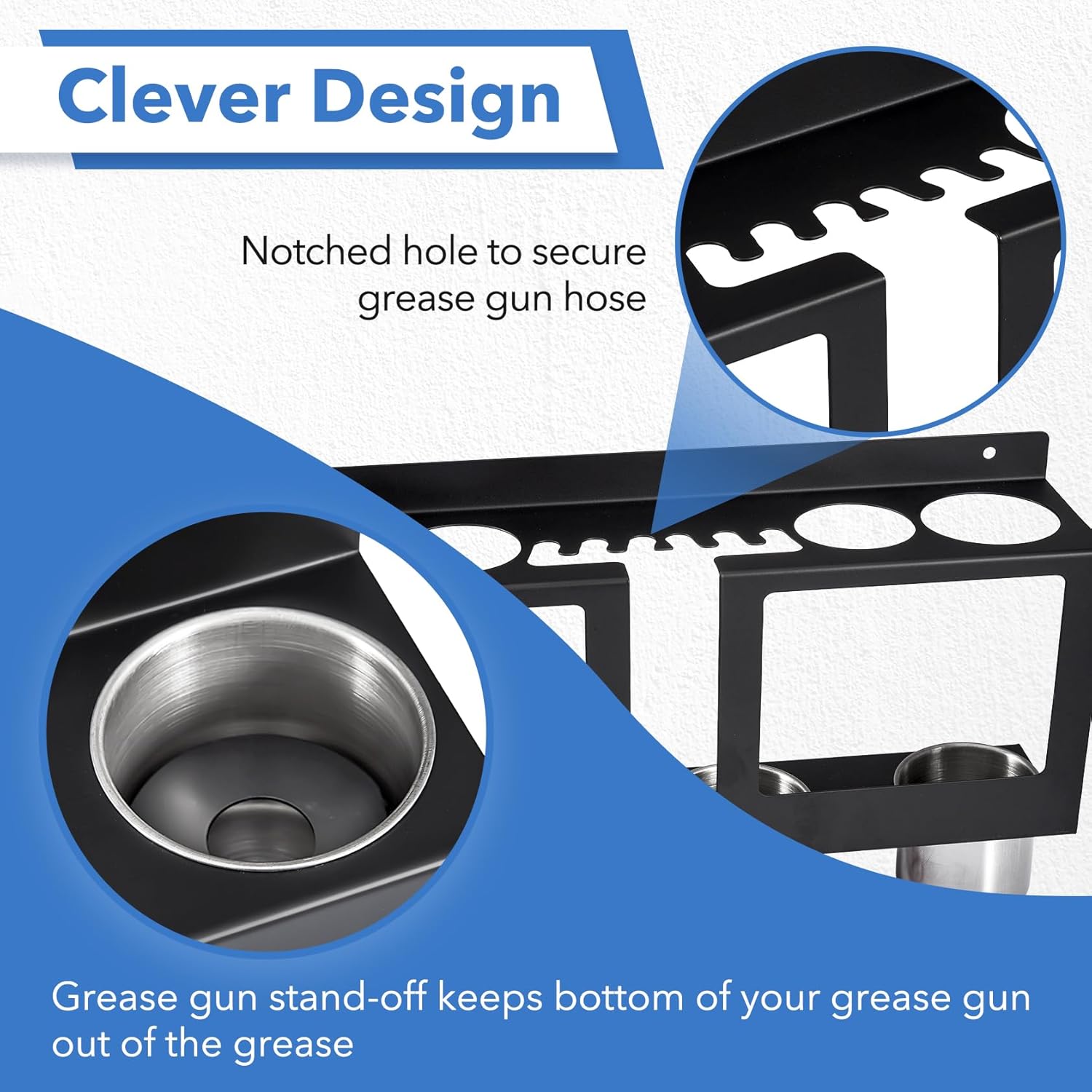 B4B BANG 4 BUCK Grease Gun Holder Compatible with 2 Grease Guns Wall Mount Grease Gun Storage Rack with Stainless Steel Removable Drip Cup and Spare Cartridge Holder