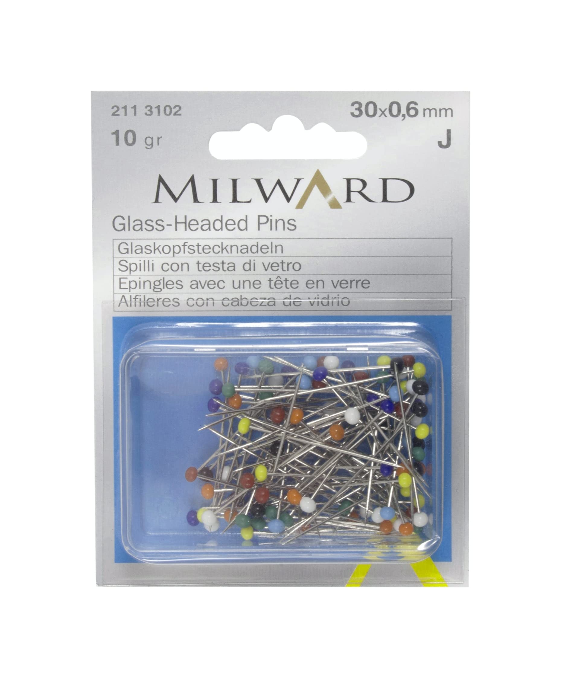 MILWARD Straight Sewing Pins, Glass Headed, Steel, Silver/Assorted, 30mm, 10g