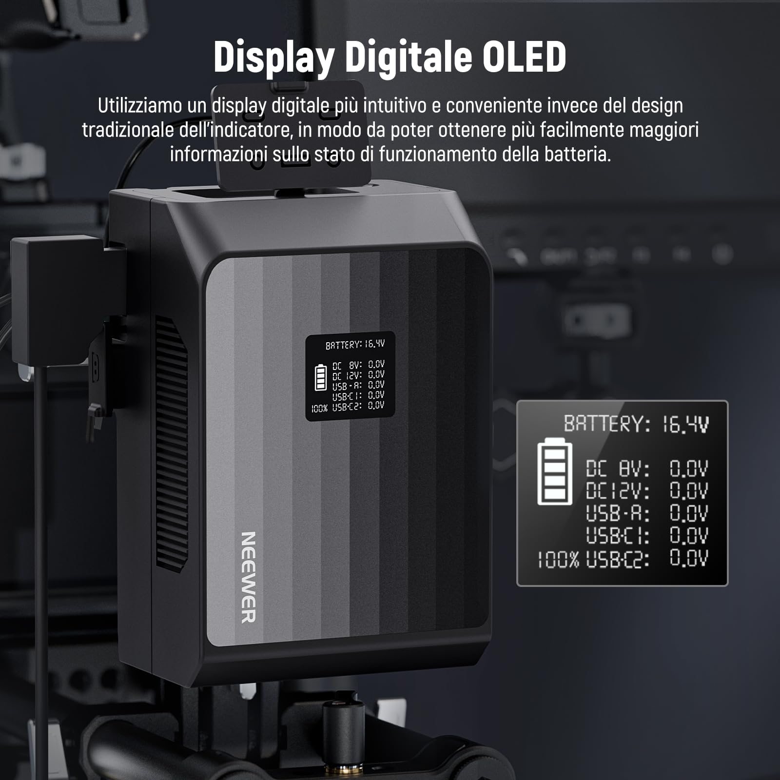 NEEWER PS099EP Mini V Mount Battery, Batteria V Lock 6800mAh 99Wh, Ricarica Rapida PD 100W, Due USB C/D Tap/BP/USB A/Doppio DC/Schermo OLED/Panno Pulizia per Videocamera Fotocamera Monitor Luce Video