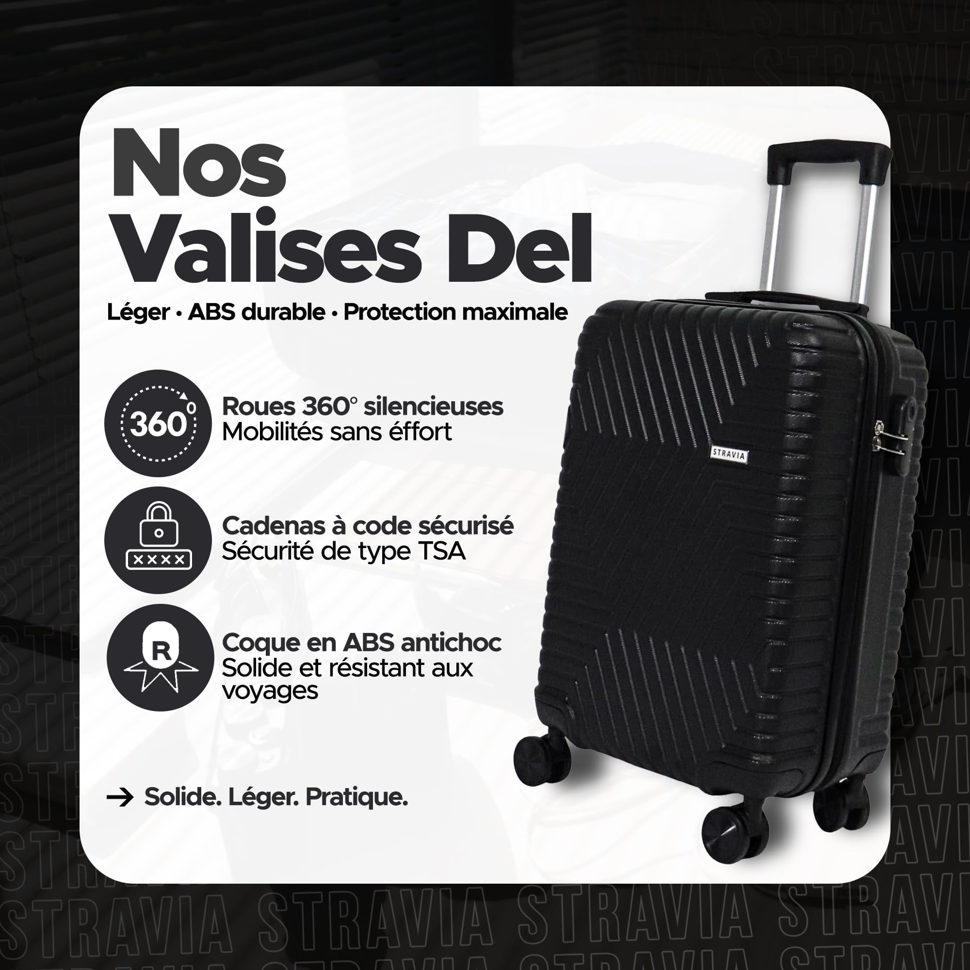 Del – Valise Moyenne 65 cm – ABS Légère et Résistante – Bagage Rigide – Serrure à Code Sécurisée – 4 Roues Double Ultra Fluides – Noir – 65 x 44 x 26 cm