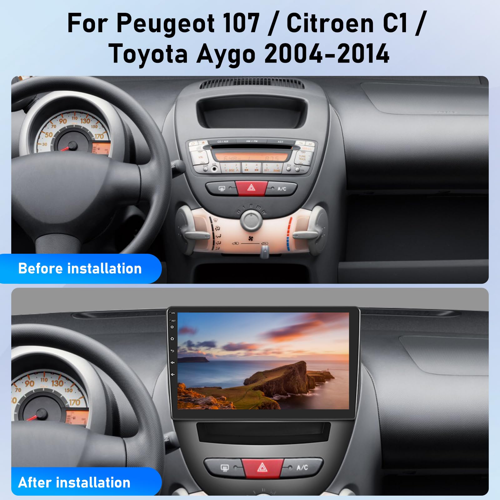 NHOPEEW Autoradio per Peugeot 107 / Citroen C1 / Toyota Aygo 2004-2014 con Carplay wireless e Android Auto - Autoradio Android 13 da 10 pollici con WiFi GPS Controllo del volante EQ Schermo diviso