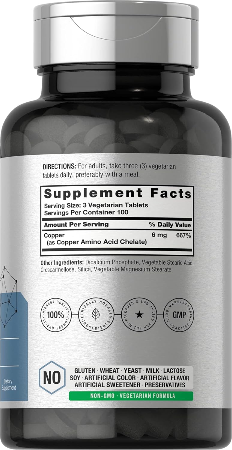 Chelated Copper Supplement 6mg | 300 Tablets | Essential Trace Mineral | Vegetarian, Non-GMO, Gluten Free | by Horbaach