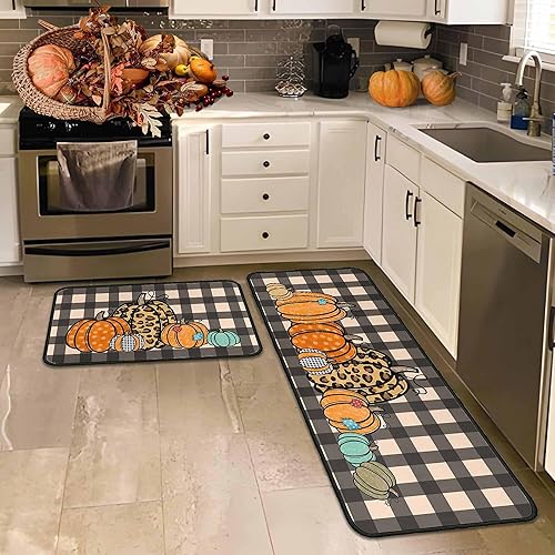 Miniatura 8 de Juego de 2 alfombras y tapetes de cocina de otoño, alfombra de cocina de Acción de Gracias, parte trasera antideslizante, decoraciones de otoño para