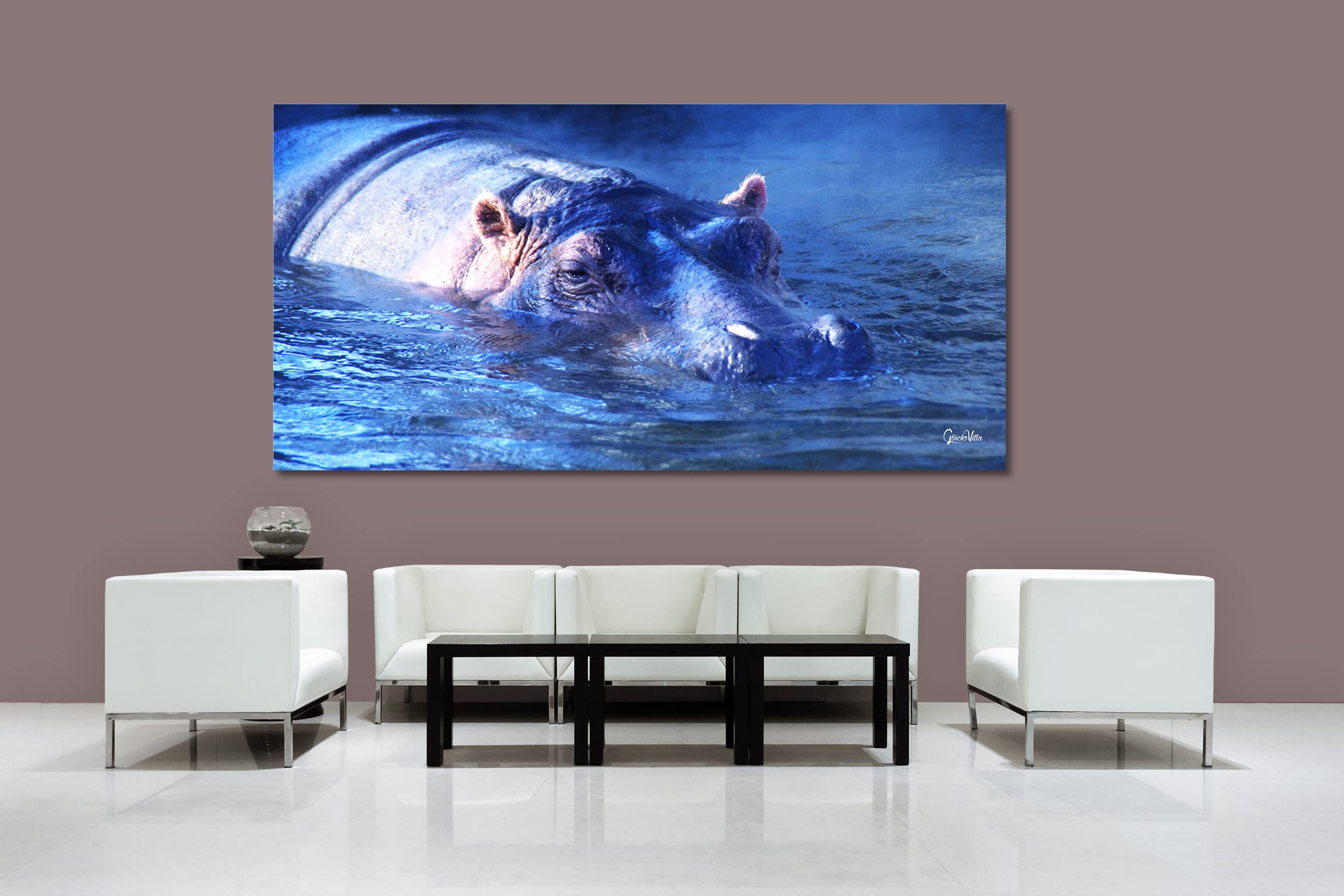 Glücksvilla - Nilpferd 2 (Leinwand-Bild 2 cm, 200 x 100 cm) | div. Maße - aus DE - Kunstdruck Deko Wandbild quer - Wildnis Afrika Natur Tier Hippo