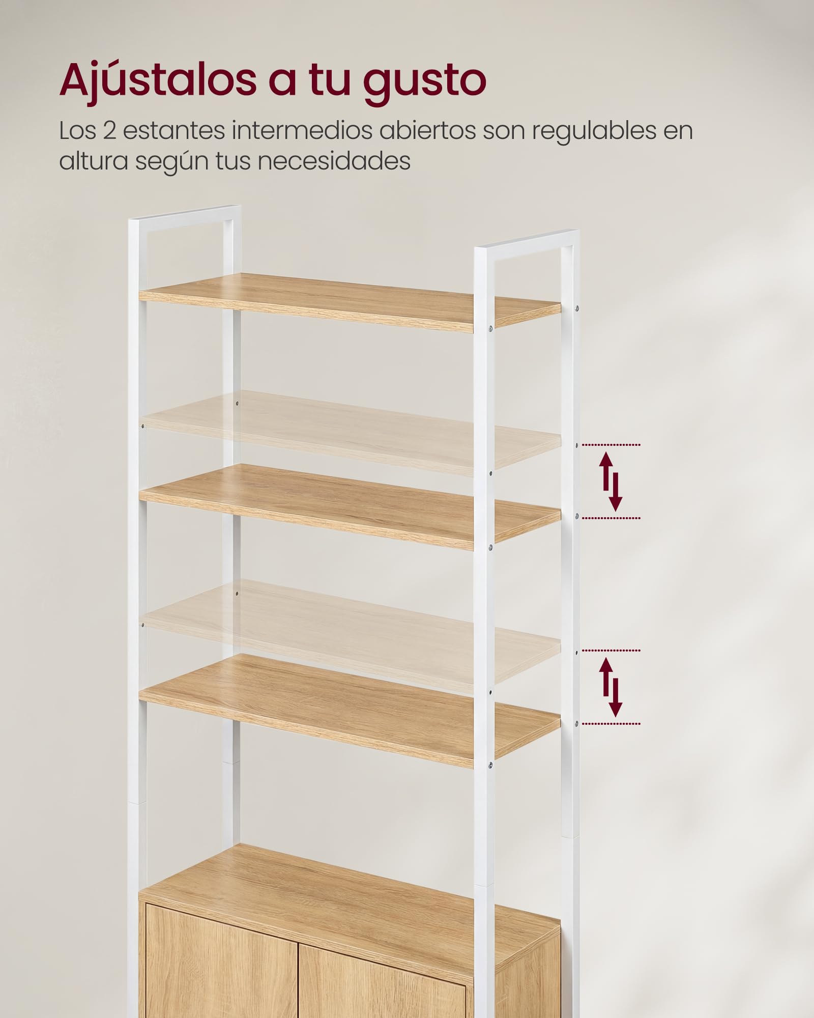 VASAGLE Librería de 6 Niveles, Estantería Vertical con Puerta, Marco de Metal, Estantes Ajustables, para Salón, Dormitorio, 60A, Roble Dorado y Blanco Mate LLS133YA01