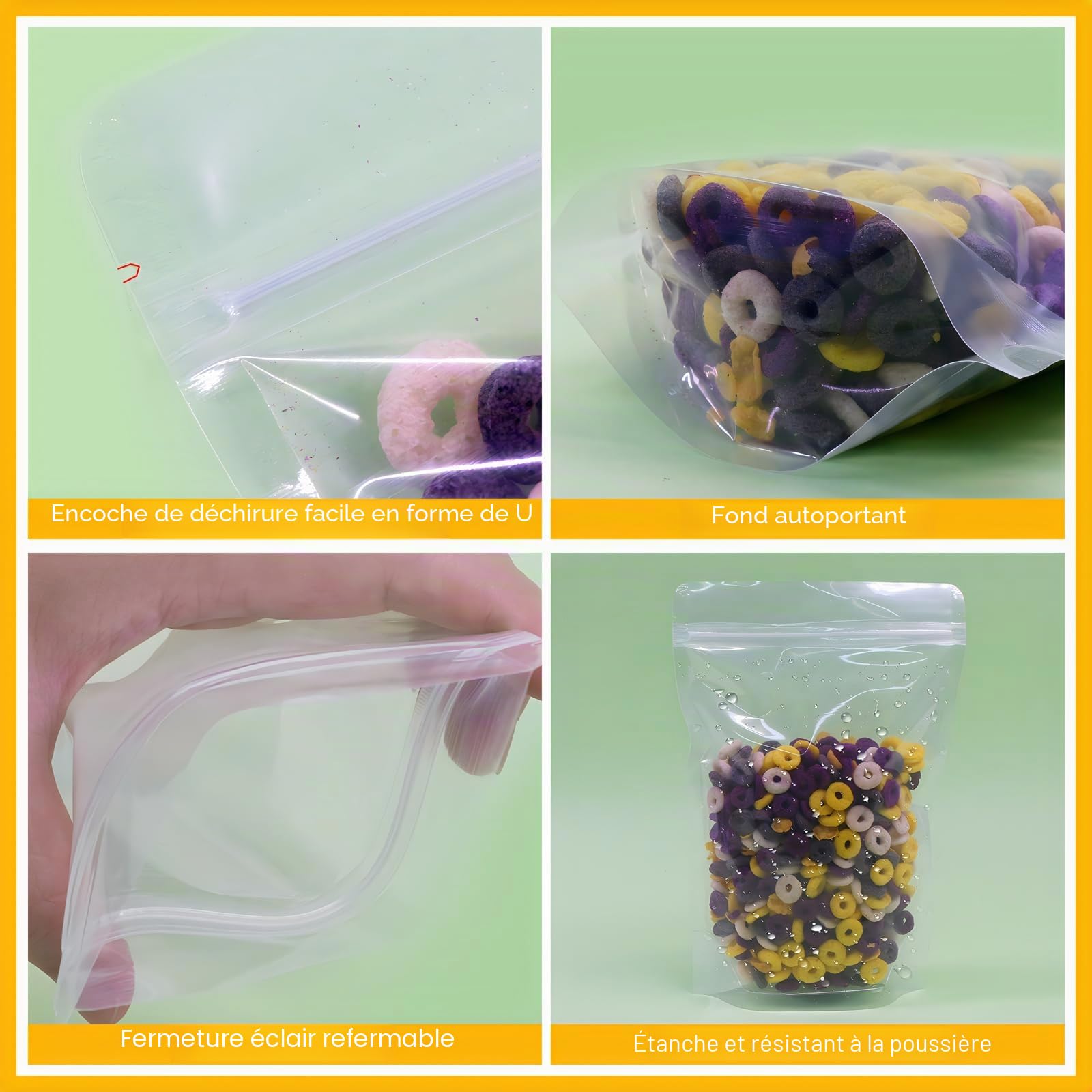 100 sacs transparents dressés SumDirect pour aliments surgelés de 24x35CM, Pochettes dressées réutilisables avec fermetures à glissière, Sac d'emballage de l'encoche à déchirure thermo