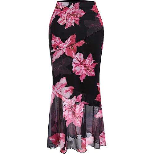 Verdusa Women's Floral Print High Waist Bodycon Ruffle Hem Fishtail Long Skirt