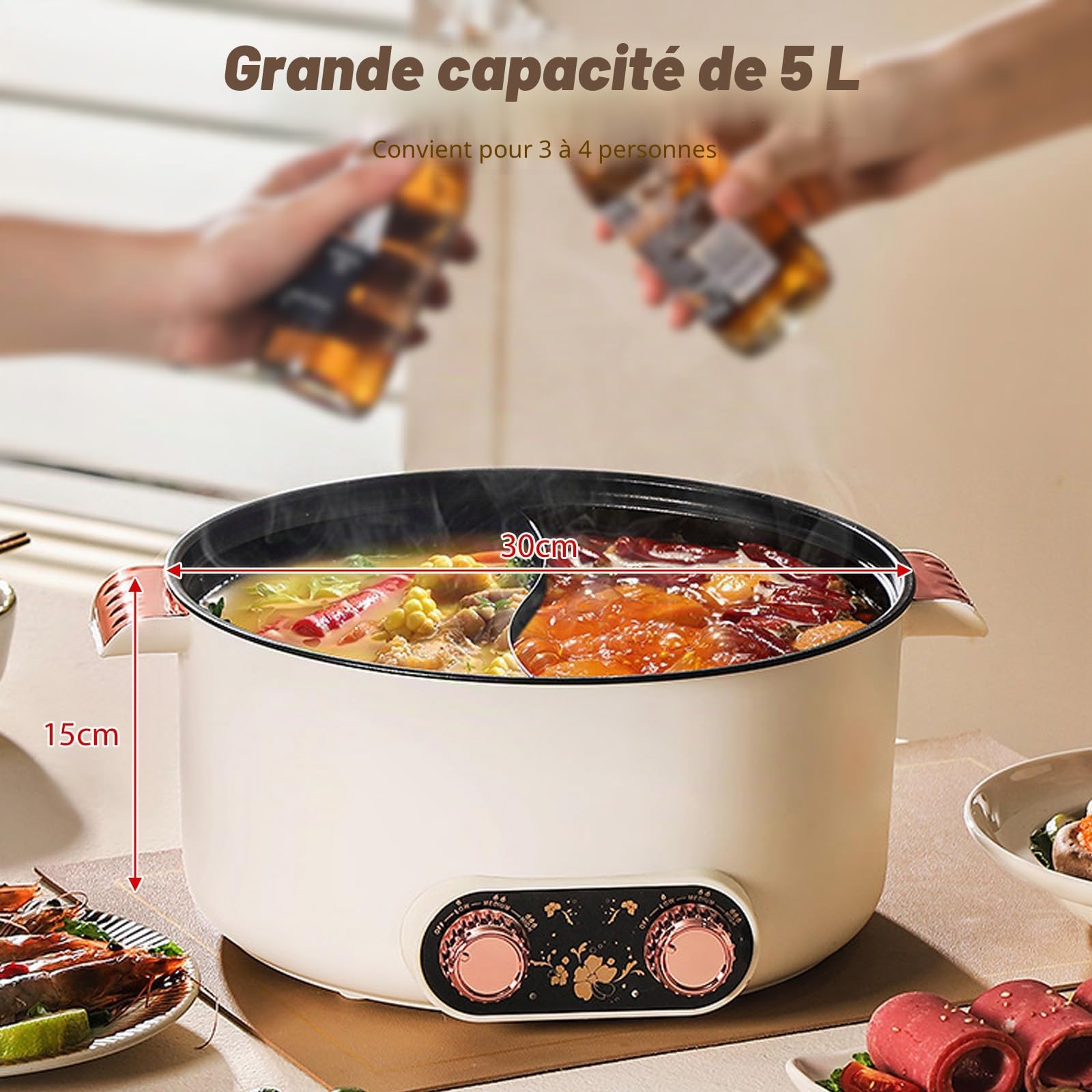 Casserole électrique 5L Kensbro - Chauffage rapide 1350W, Double bouton rotatif, Revêtement antiadhésif, 3 niveaux de température - Idéale pour soupe, steak et nouilles