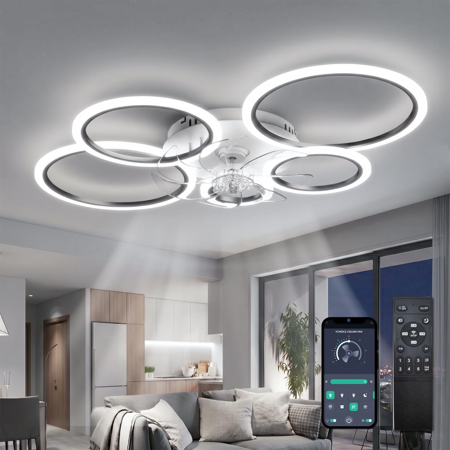 Lampe Ventilateur Plafond Noir Moderne Silencieux Cercle Plafonnier Ventilateur avec Telecommande Moteur DC Réversible Mode Eté Hiver pour Chambre Salon Cuisine, 100cm