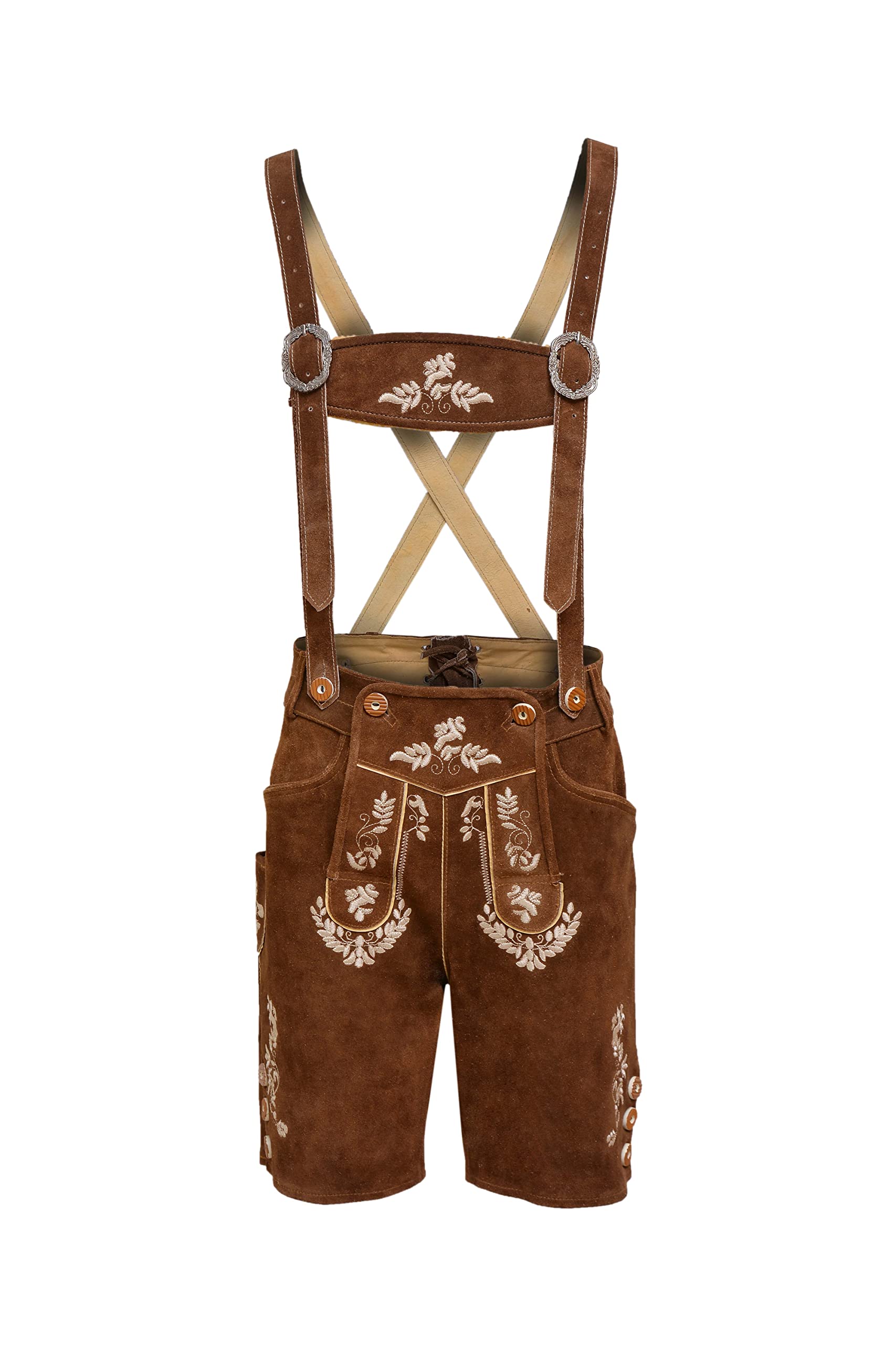 Bavarianland Men's Lederhosen Real Suede Leather with Matching Suspenders Shorts (UK 34 inch/EU 50, Brown with White Embroidery) โ image 1