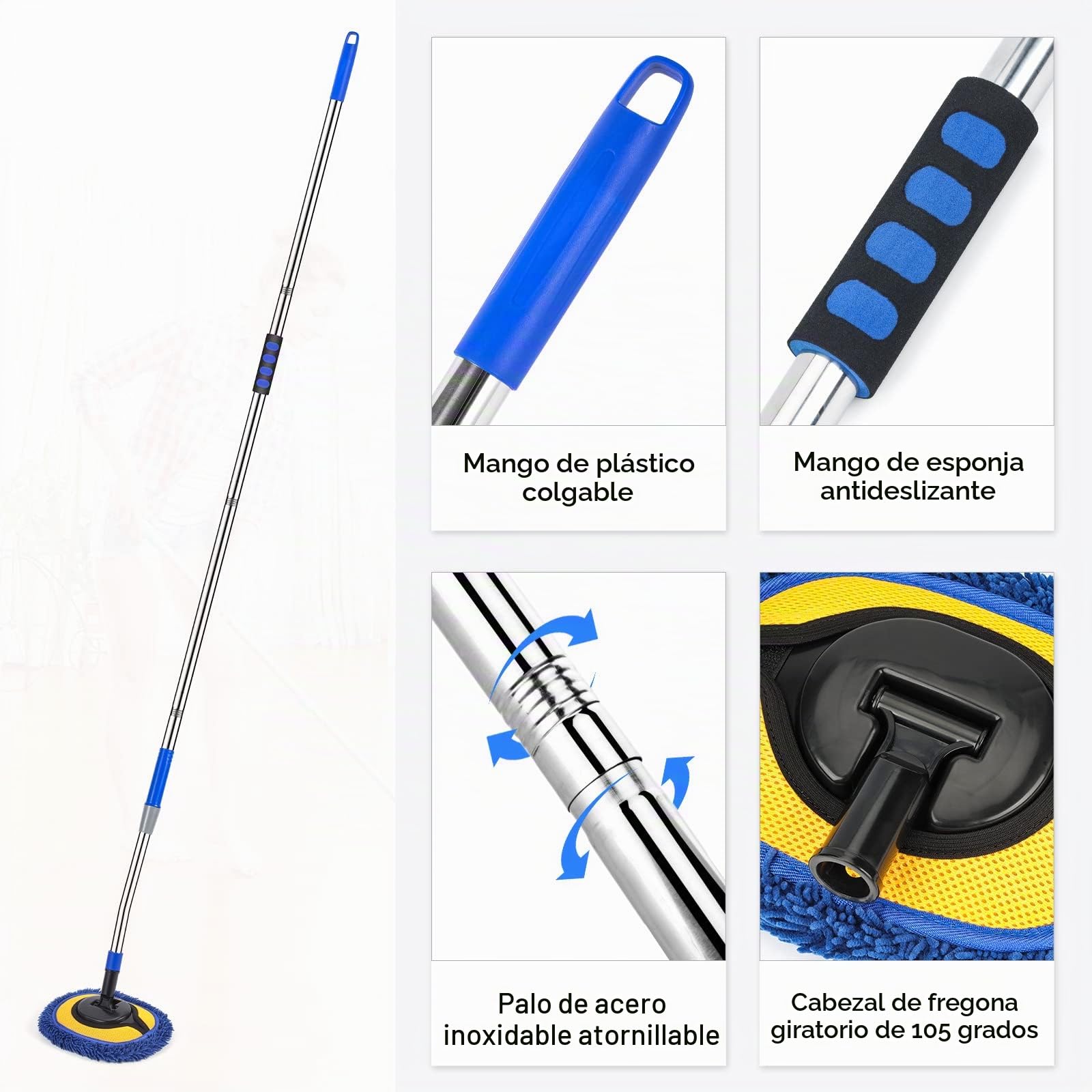 Limpiador de Pared, mopa de Pared máxima de 66 Pulgadas con Mango Largo, mopa de Polvo de Techo con Poste de extensión de Codo de Ahorro de Mano de Obra de 15°, Limpiador de limpiaparabrisas de