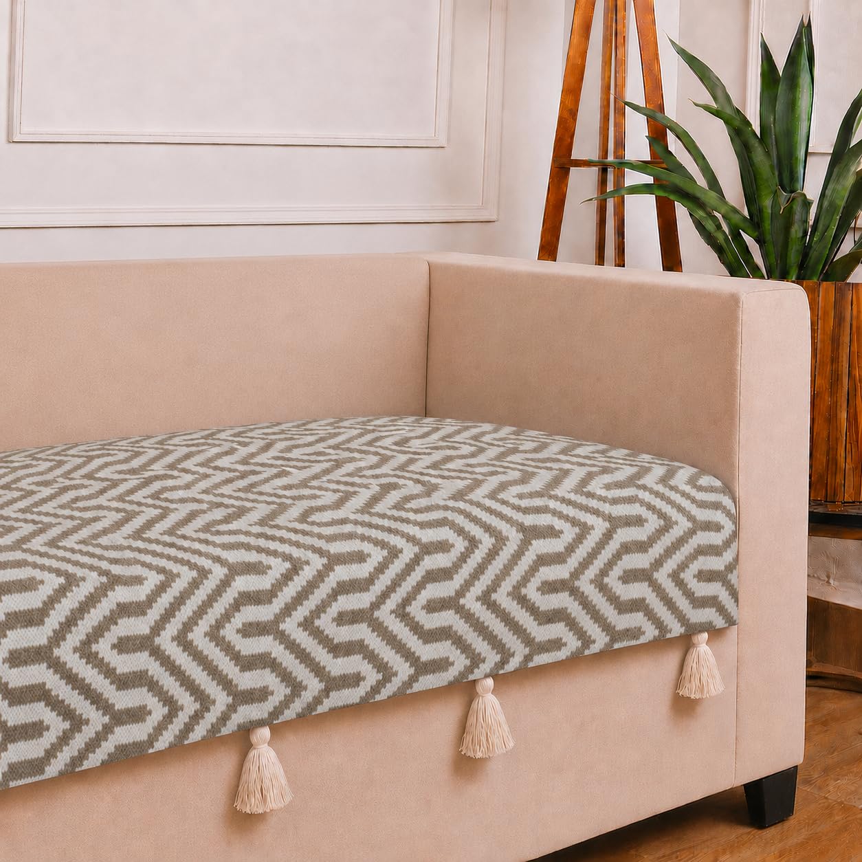 STITCHNEST 'Nomad Weave Collection' 3 Seater Sofa Cover| Elegant Jacquard Fabric, Decorative Tassels, Washable & Durable for Modern Living