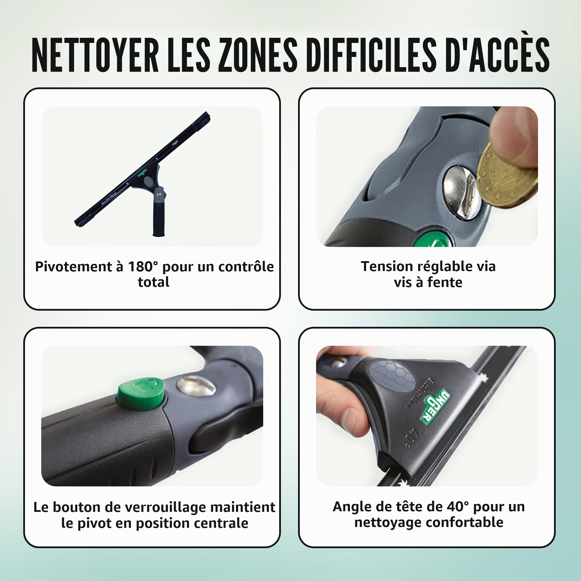 Unger EN350 ErgoTec Ninja Nettoyant pour vitres, complet 40°, 35 cm de taille, caoutchouc souple