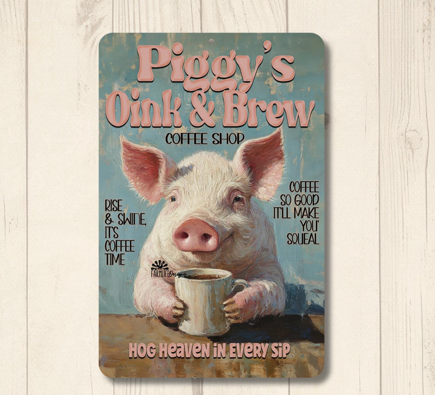 Pig Coffee Bar Sign Piggy Oink & Brew funny metal tin kitchen decor wall art home decor