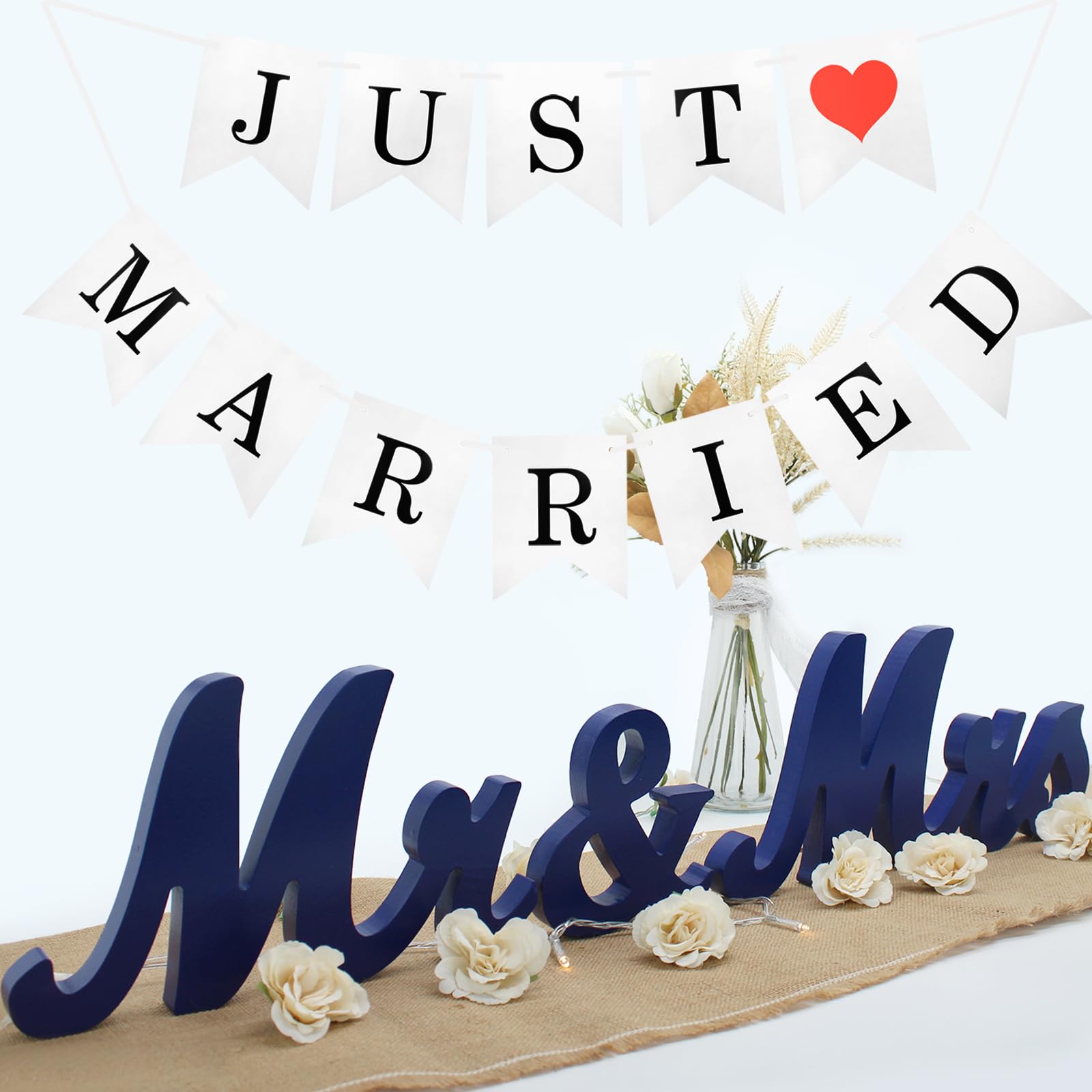 Mr. & Mrs. Just Married Banner for Wedding Table, Wooden Letters, Wedding Decoration Items, Anniversary Party Vintage Decor (Navy Blue)