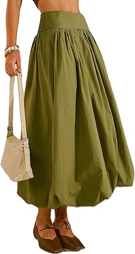 Women's Bubble Long Skirt Elastic Waist A-Line Pleated Ruffle Flowy Balloon Maxi Skirts with Pockets
