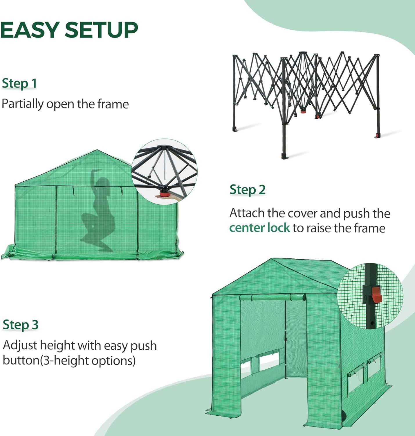 8x8 Pop Up Greenhouse, Instant Walk in Green House with PE Cover, Power Ports, Roll up Doors & Windows for Indoor Outdoor Plant Growing, Green