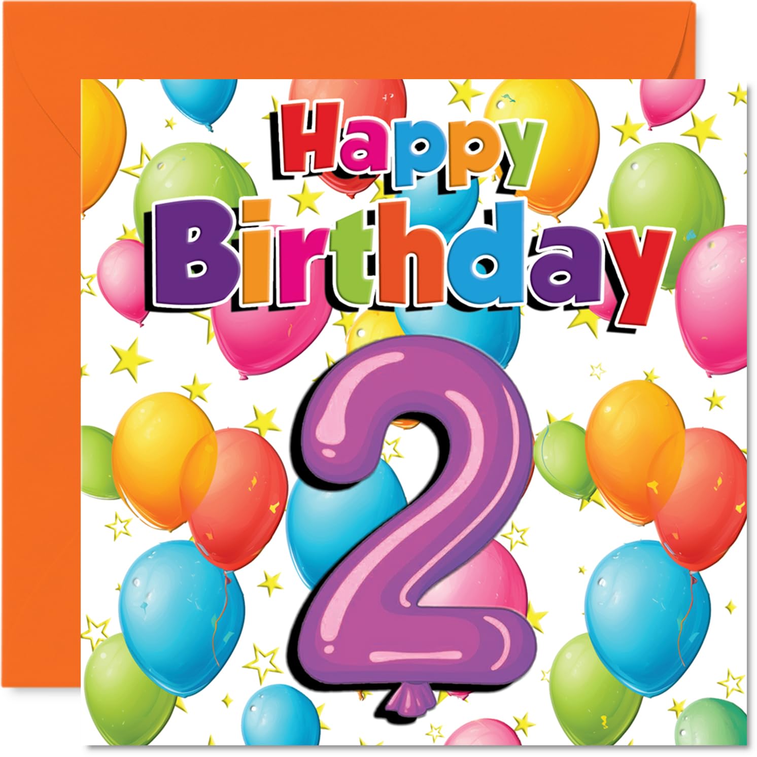 Playful 2nd Birthday Card - Bursting with Birthday Cheer - Colourful Balloons and Stars Design with Big Bold '2' - 145mm Square, Envelope Included