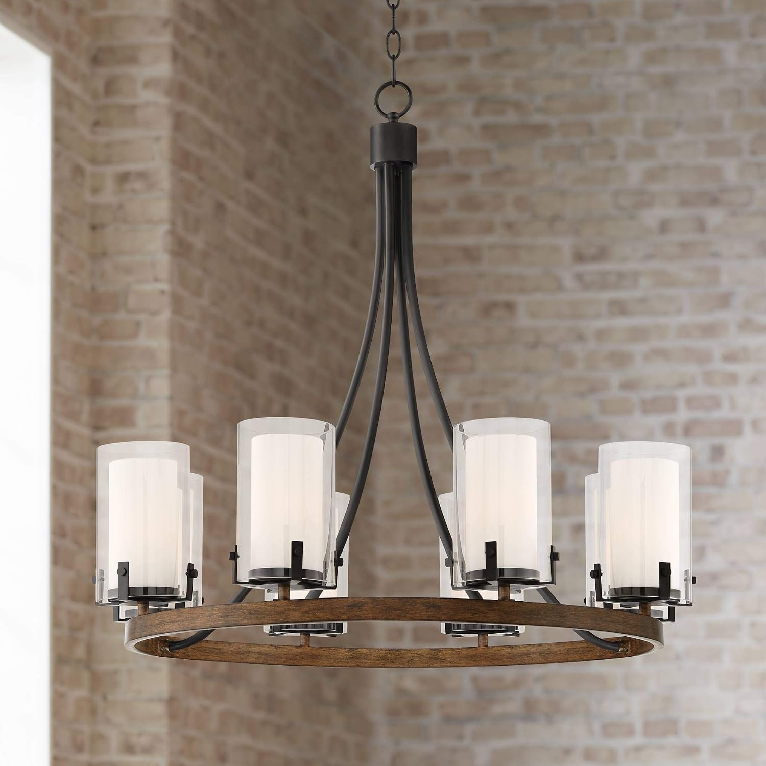Black Metal Wood Wagon Wheel Chandelier 29 1/2" Wide Industrial Clear Outer Frosted Inner Glass Shade 8-Light Fixture for Dining Room House Foyer Kitchen Entryway Bedroom Living