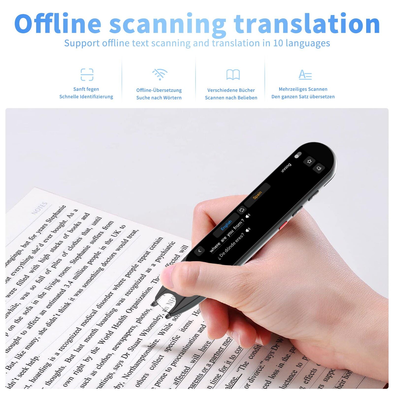 Penna traduttore di scansione, dispositivo traduttore linguistico, strumenti per dislessia con 142 lingue online/10 lingue offline, penna di lettura da testo a parlato per difficoltà di apprendimento