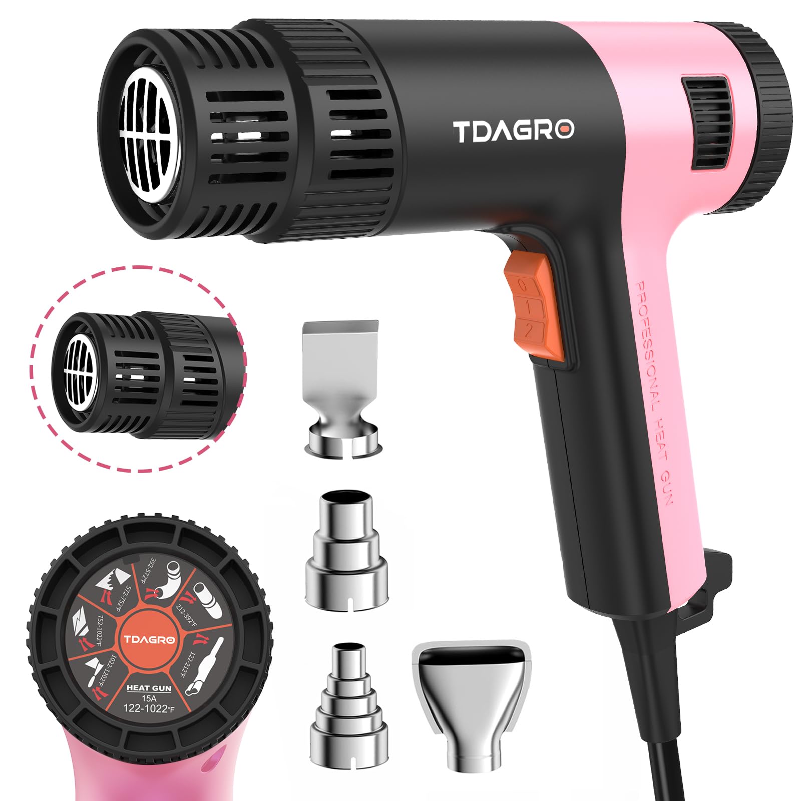 TDAGRO Heat Gun for crafting 1800W, 122?~1202? Variable Temperature Control with 2-Temp Settings 4 Nozzles, 1.5s Fast Heating Mini Heat Gun for Resin, Shrink PVC Tubing/Crafts and Vinyl Wrap?Pink?