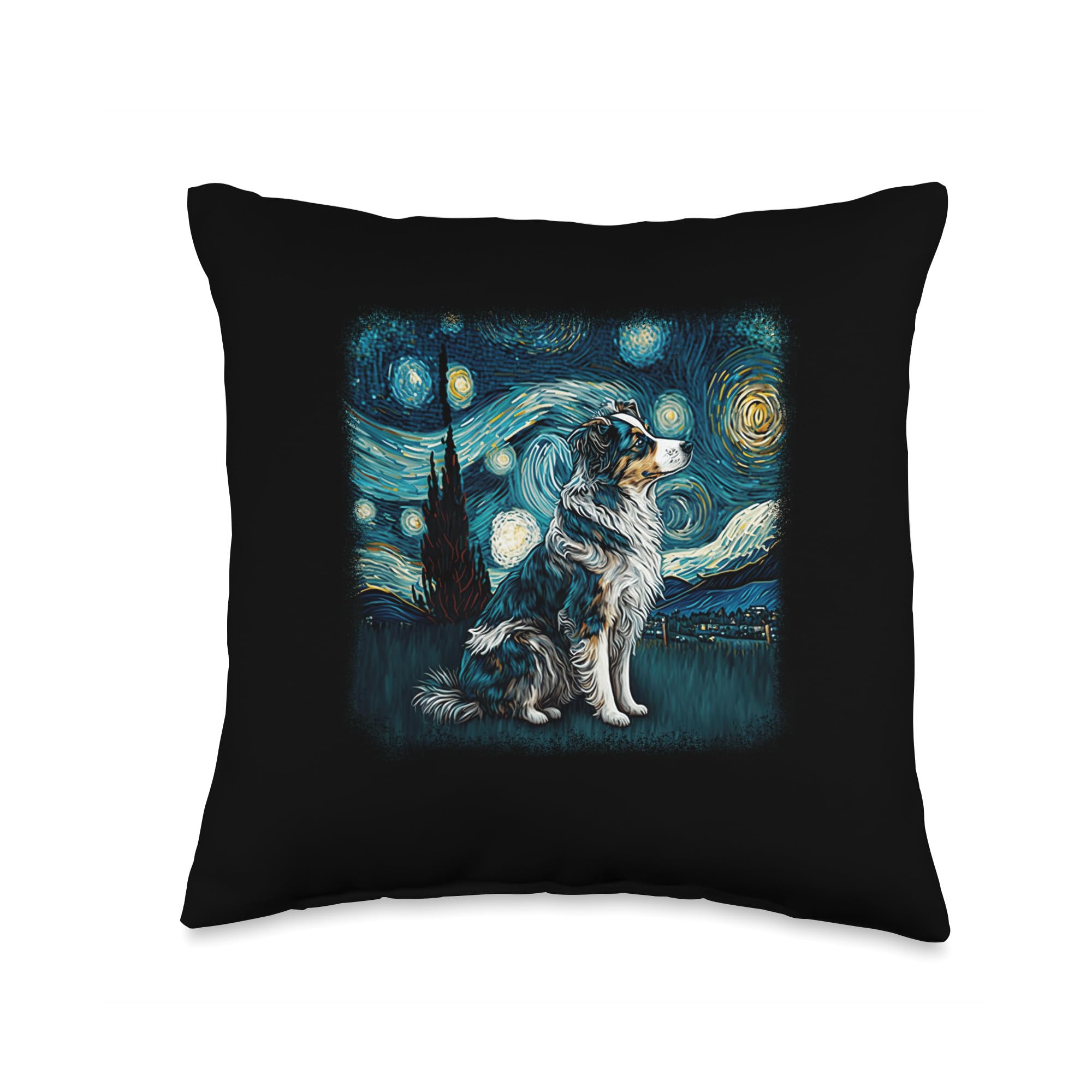 Dog in starry night van gogh aussie mini Australian Shepherd Throw Pillow