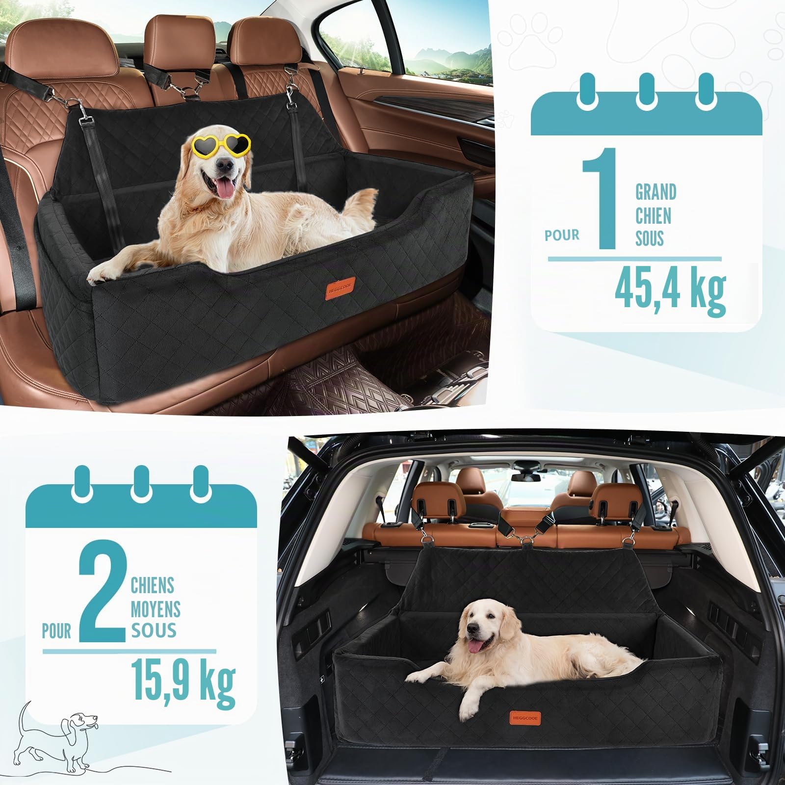 HEGGCOOE Grand siège auto pour chien de moins de 45,4 kg, lit de voiture lavable pour 2 chiens de taille moyenne, siège rehausseur amovible pour animal de compagnie avec poche de rangement et ceinture