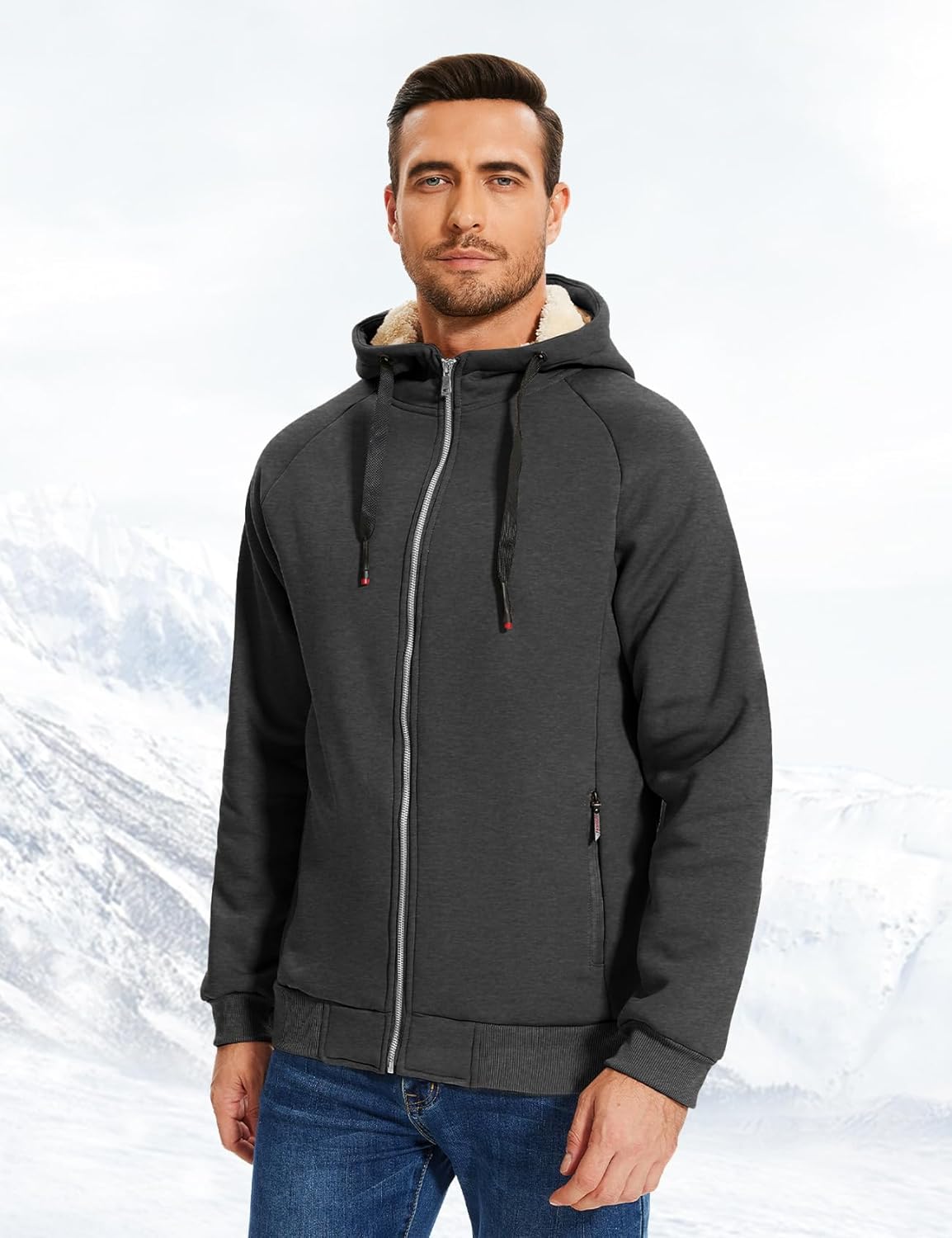Flygo Sherpa Hoodies for Men Zip Up Winter Fleece Lined Hooded Sweatshirt Heavyweight Warm Jackets - Image 3