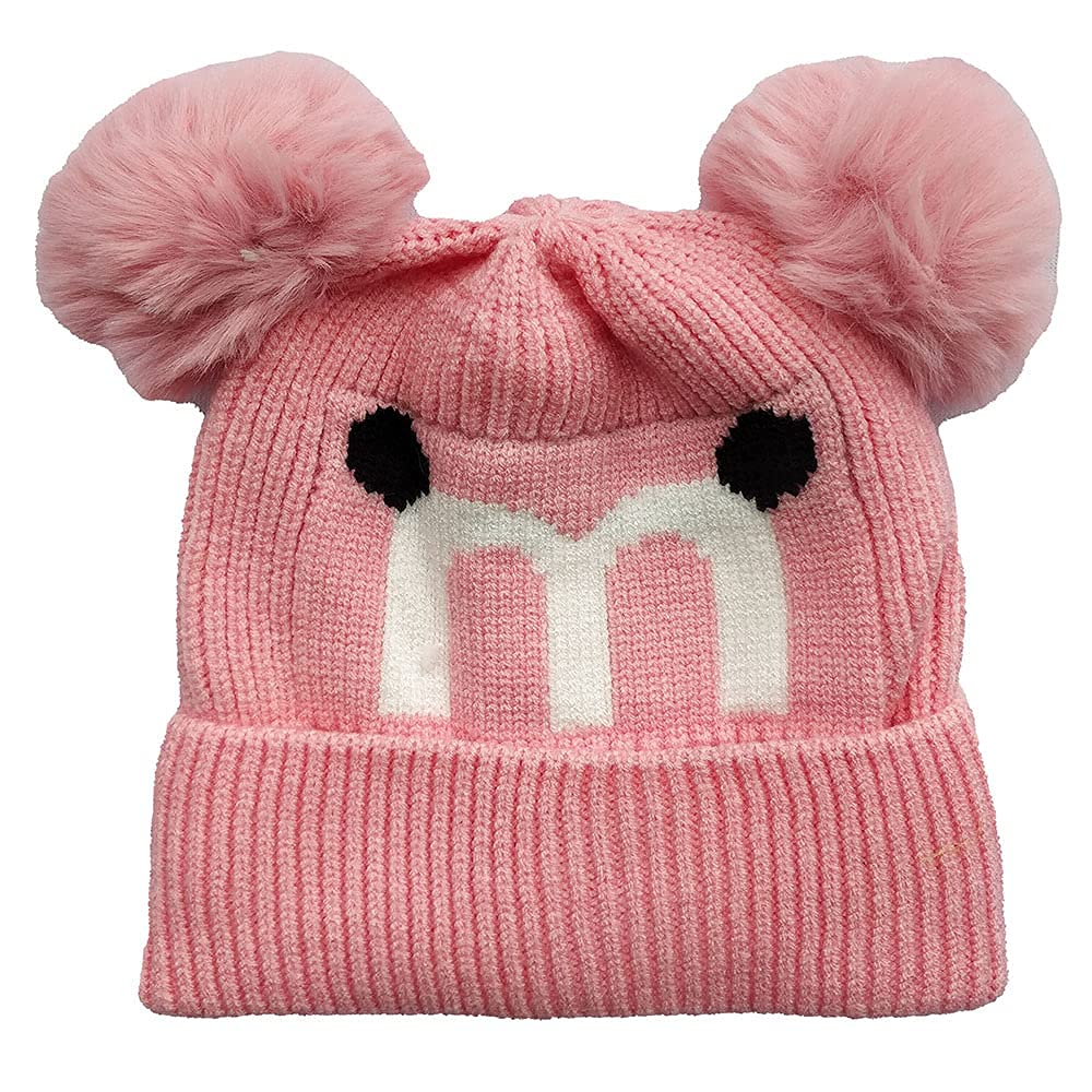 PinKit Boy's and Girl's Warm Winter Woolen Cap with Soft Pom-Pom (Suitable for Age 3-10 Years Old - Free Size) Color Pink
