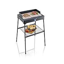 SEVERIN PG 8566 Barbecue elettrico 2200W in acciaio inox con stand con mensola, Grill elettrico temperatura regolabile fino a 250 °C, Griglia da tavolo per interni ed esterni, Nero