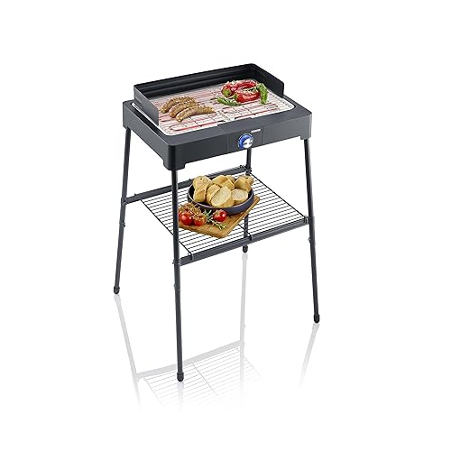 SEVERIN PG 8566 Barbecue elettrico 2200W in acciaio inox con stand con mensola, Grill elettrico temperatura regolabile fino a 250 °C, Griglia da tavolo per interni ed esterni, Nero