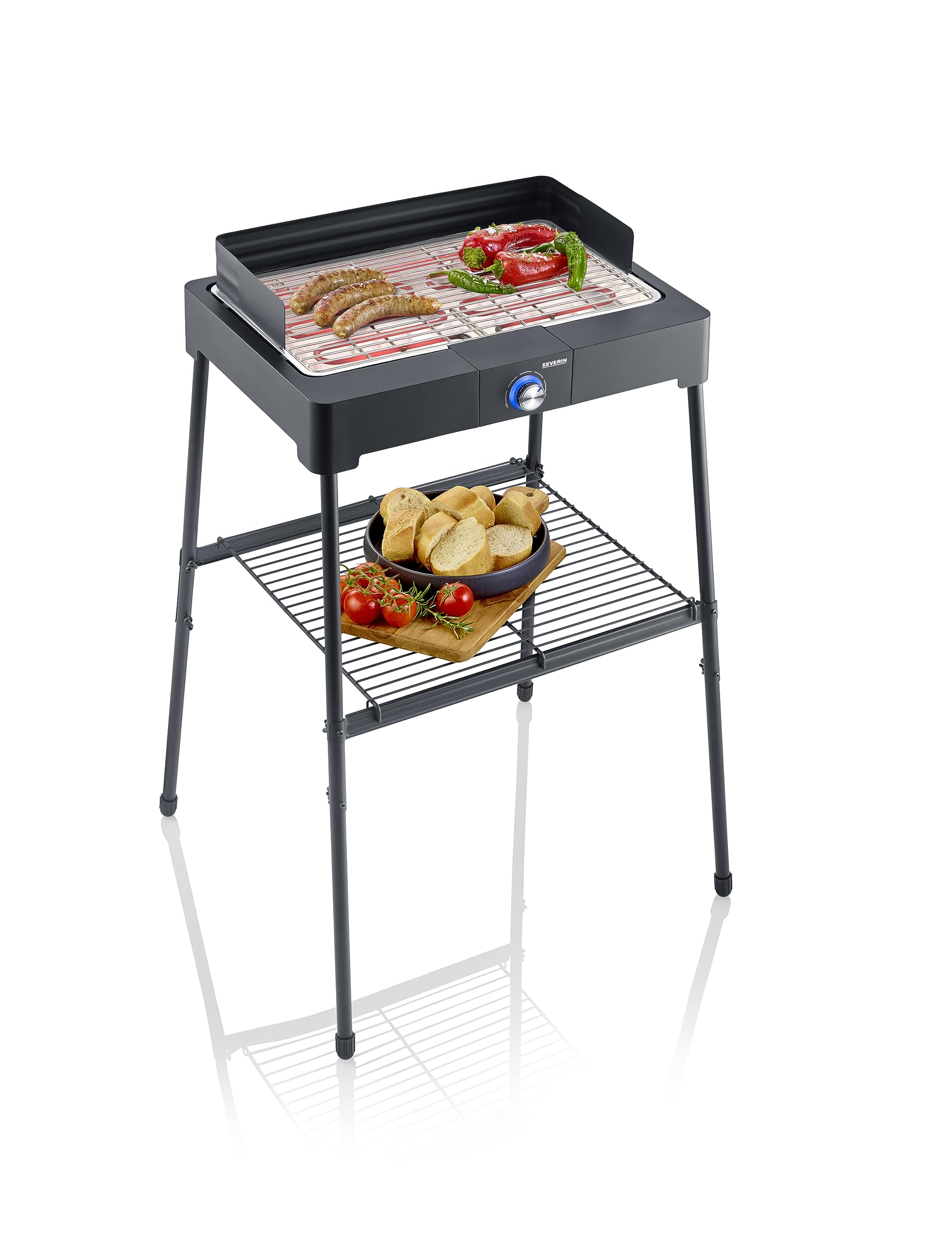 SEVERIN Barbecue Elettrico con Supporto e Griglia in Acciaio Inox, Funzione Quick-​Start, Grill da Balcone e Tavolo con Sistema Antiscottatura SafeTouch, 2200 W, Nero - PG 8566
