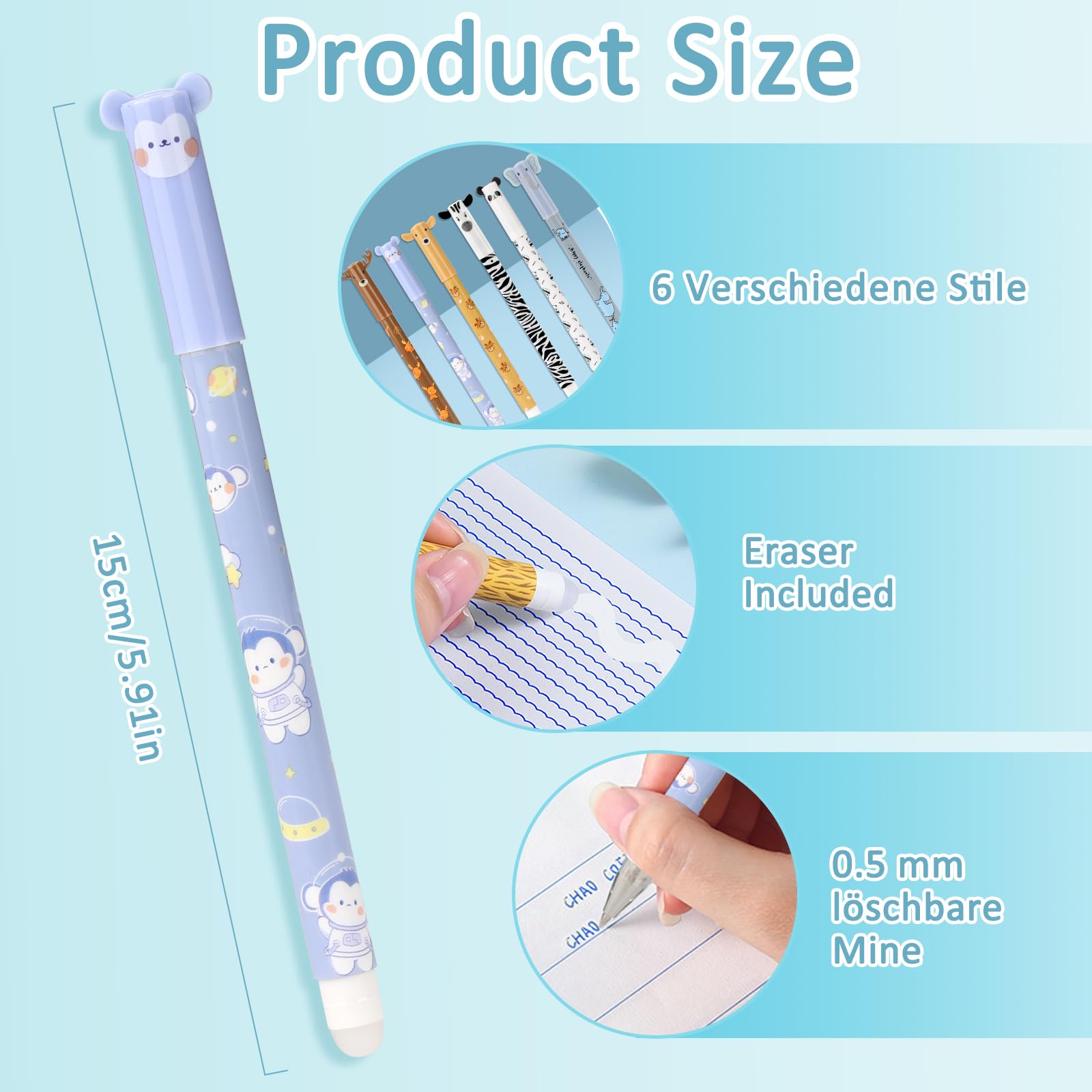 Confezione da 6 penne gel cancellabili blu inchiostro dolce cartone animato erasable pen punta punta 0,5 mm diametro mina sfera all'estremità per rimuovere l'inchiostro senza usura del foglio, per