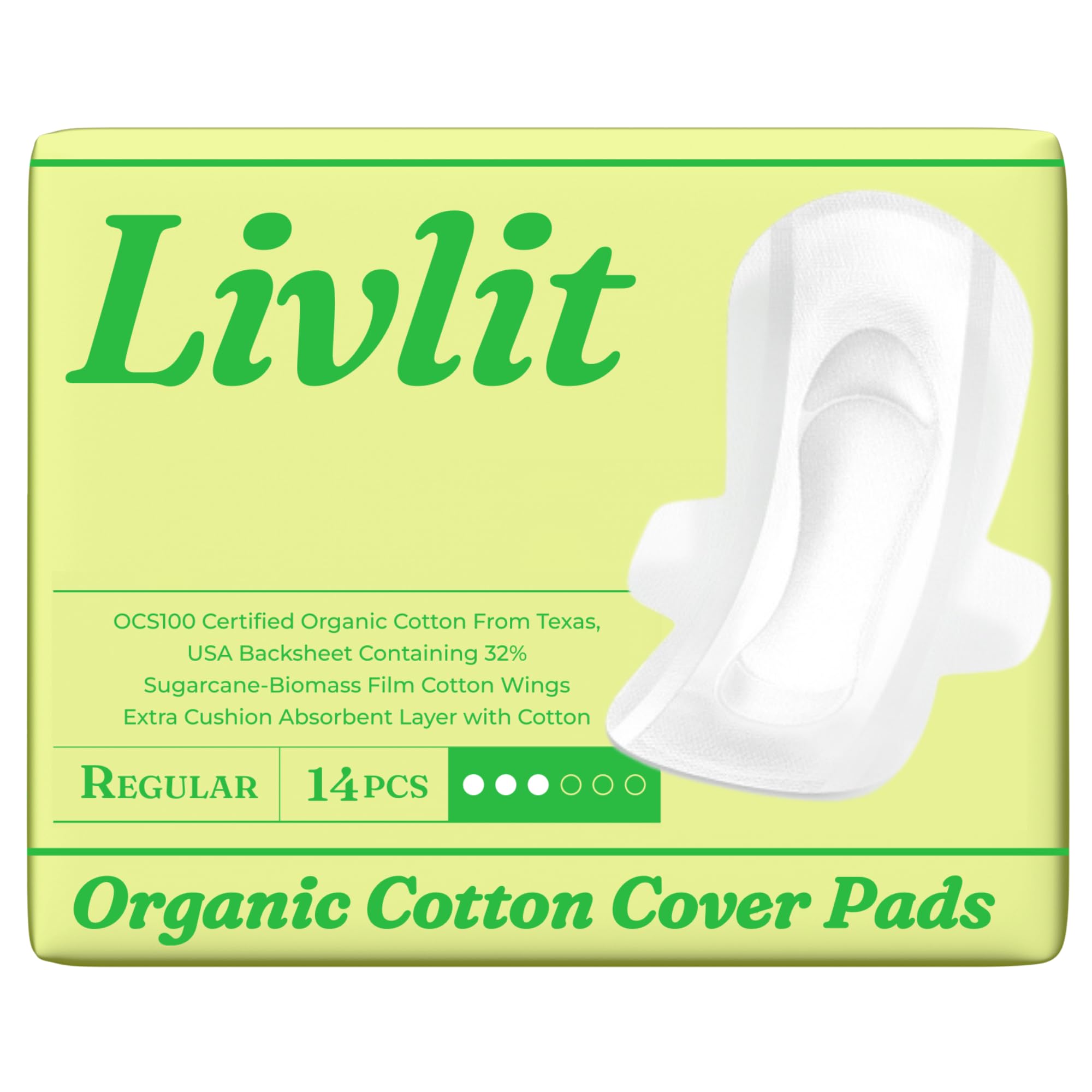 Livlit Regular Size Ultra Thin Sanitary Pads, 100% Organic Cotton from Texas, Powerful Leak Protection, Unscented, Chlorine Free and Absorbency of