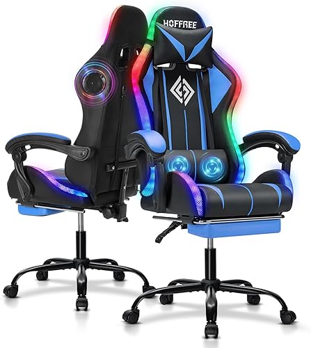 Silla de juegos con altavoces Bluetooth y luces LED RGB, silla ergonómica de videojuegos de masaje con reposapiés respaldo alto con soporte lumbar
