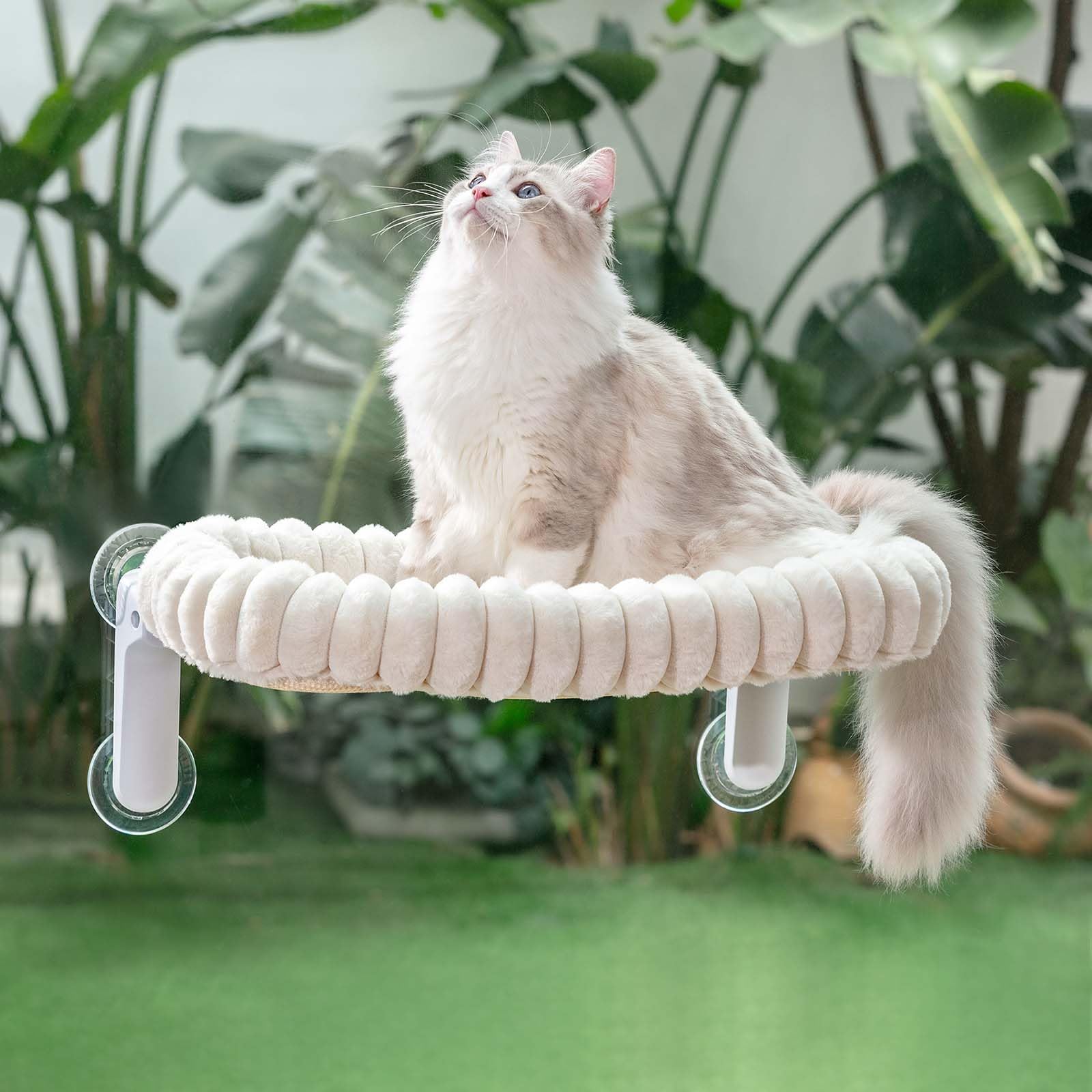 GUUSII HOME Katzen Fensterliege Faltbar Katzenbett Fenster Katzenliege Fensterbank Hängematte 4 Saugnäpfen Fensterbrettauflage Fensterscheibe Maschinenwaschbar Weicher Plüsch 54 * 30cm (Weiß, M)